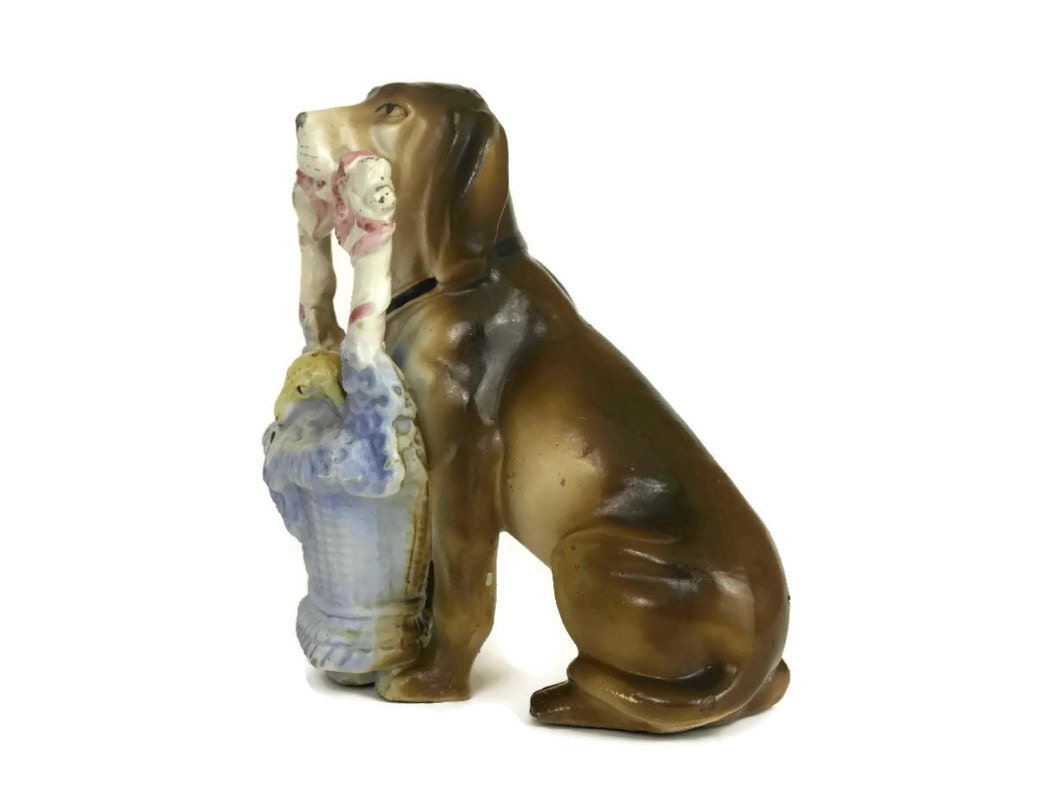 Antique German Ceramic Porcelain Dog Figurine with Lamb in Basket.