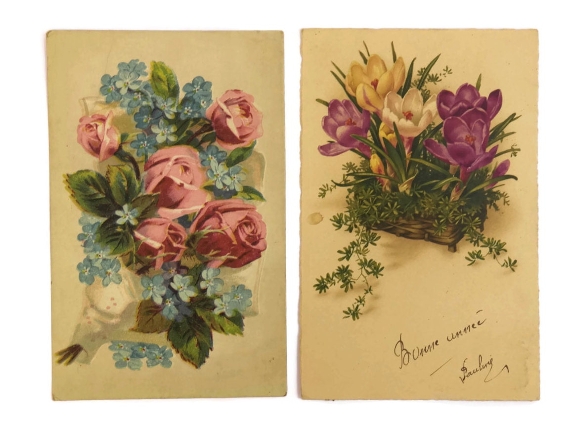 Vintage Flower Postcards. Romantic French Floral Art Cards. Vintage