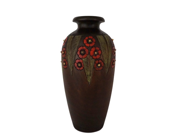 French Art Deco Wooden Vase, Carved Wood with Hand Painted Flowers