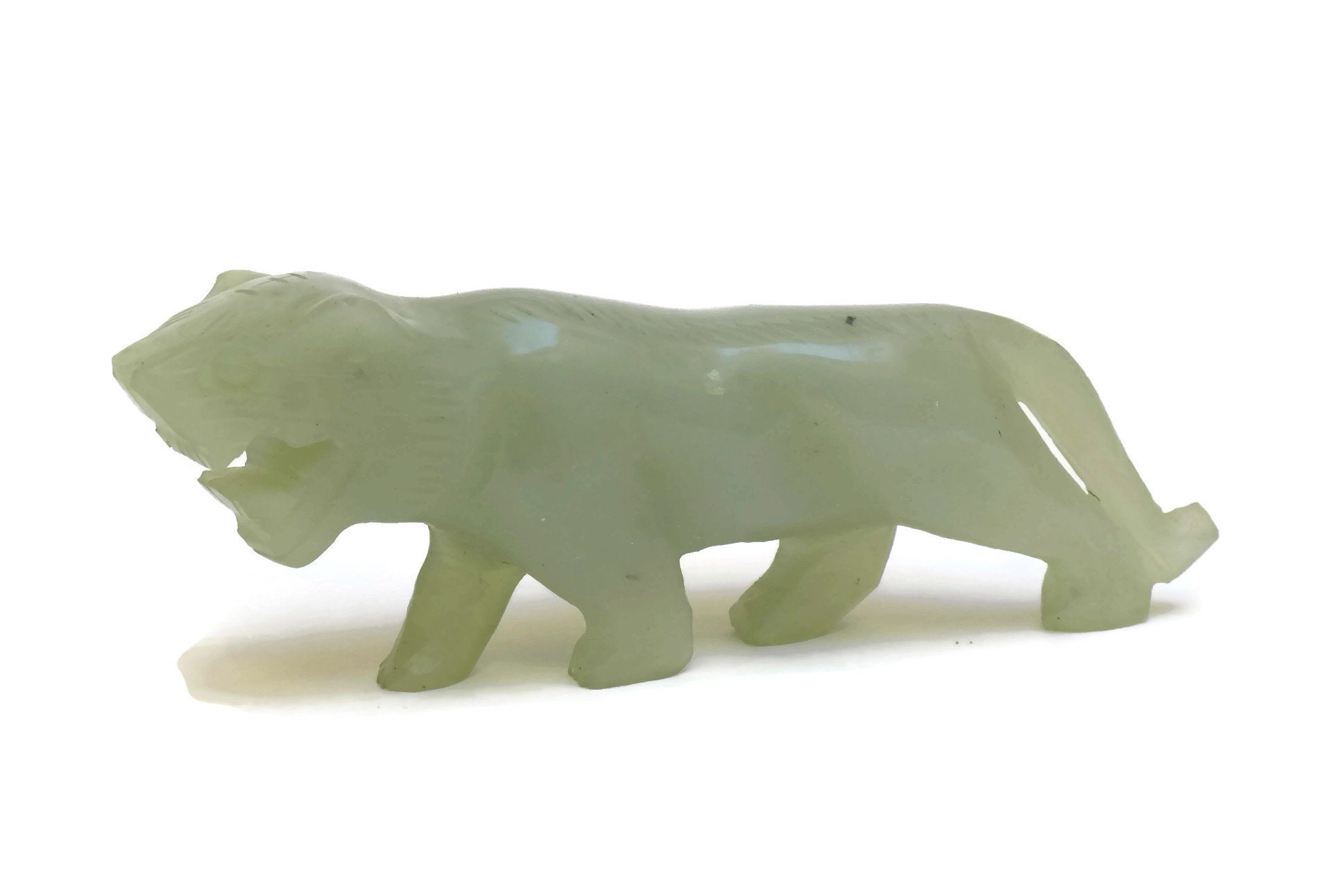 Vintage Green Jade Tiger Figurine. Folk Art Hand Carved Animal Figure