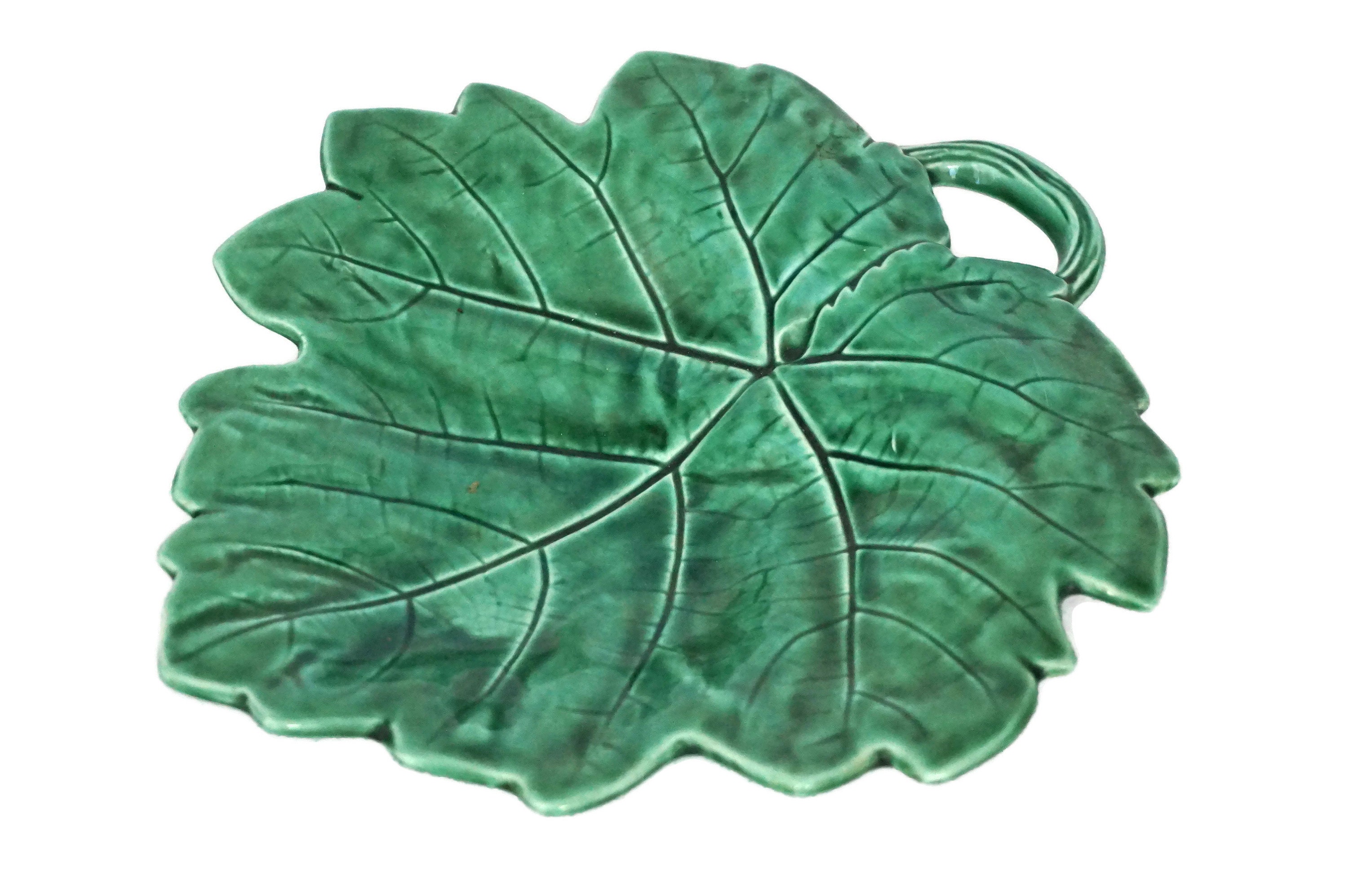 Antique green majolica leaf plate, French Sarreguemines ceramic grape