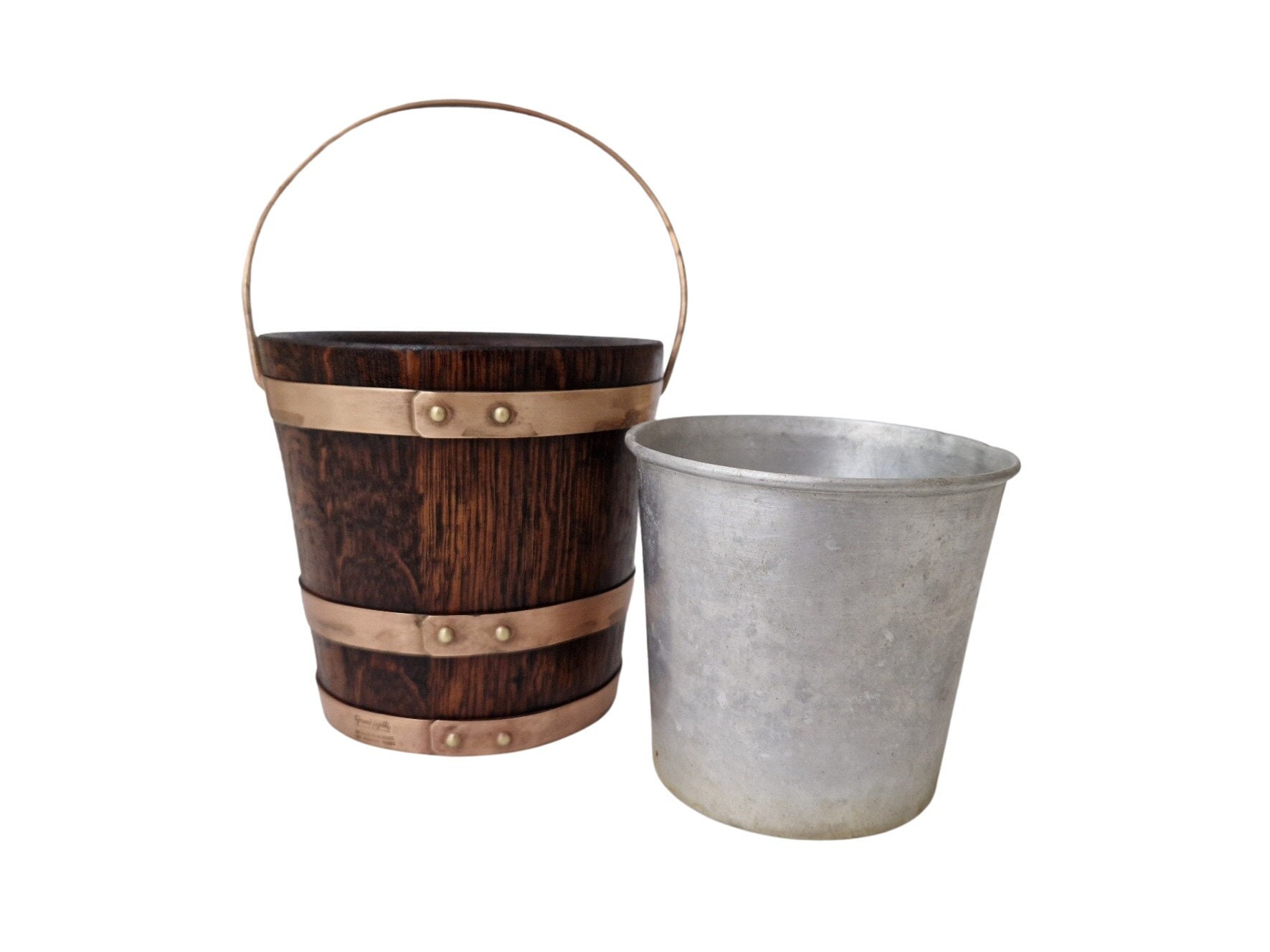French Wood and Copper Ice Bucket, Wooden Oak Barrel by Geraud Lafitte