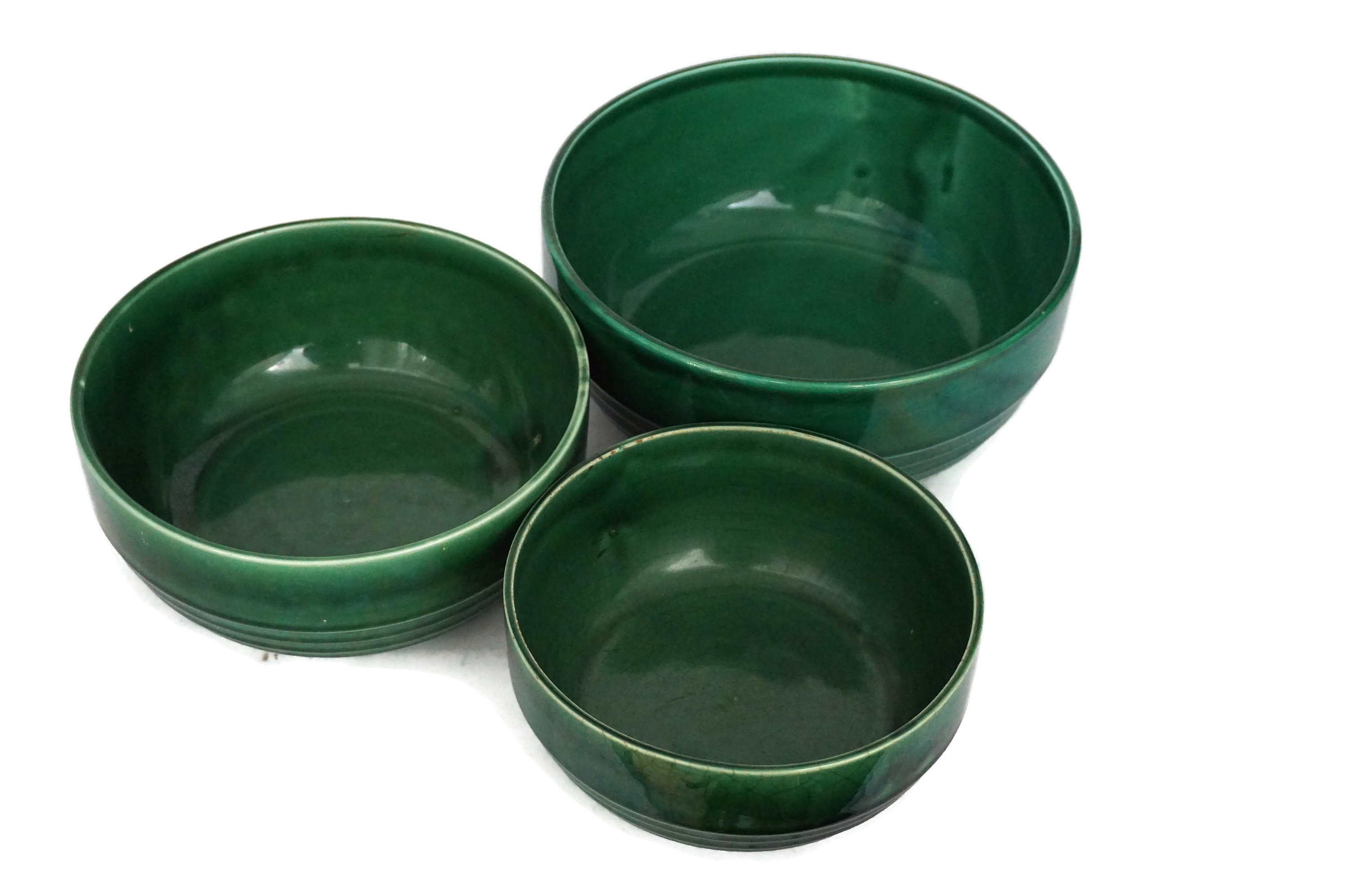 Green Ceramic Nesting Mixing Bowl Set, Vintage French Majolica Pottery Stacking Dishes