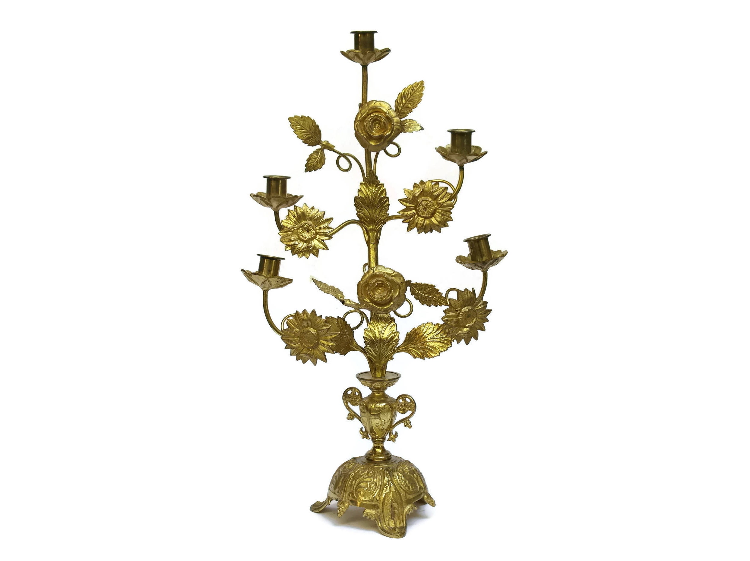 French Antique Church Altar Candelabra with Flowers.