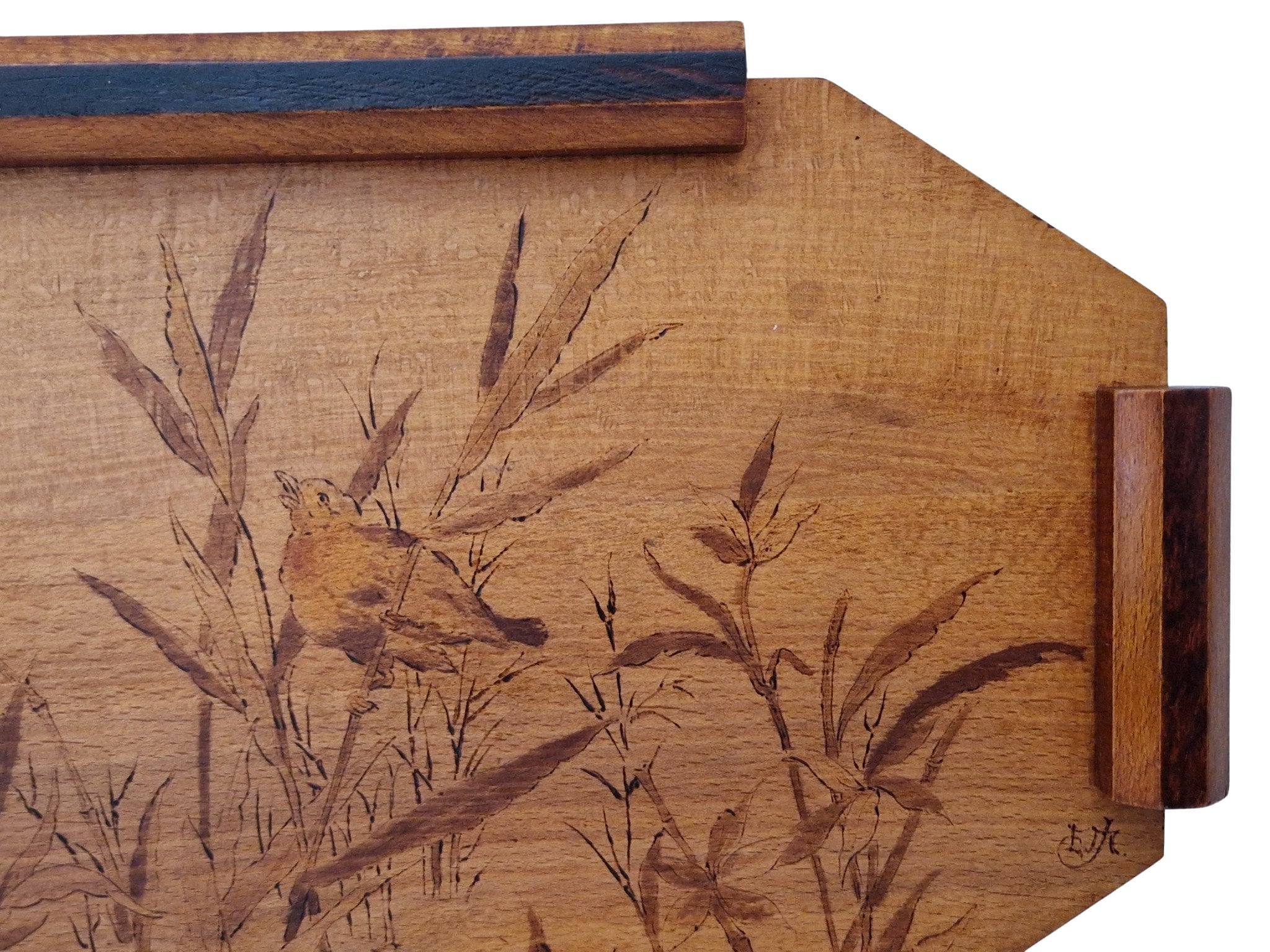 Antique Wooden Serving Tray with Pyrography Bird Etching, Hand Crafted Platter, Romantic Home Decor