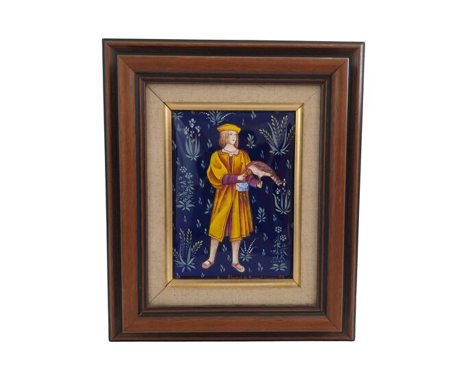 Limoges Enamel Falconer and Bird Portrait by Chantal de Burguet, Hand Painted Medieval Man and Falcon Wall Art