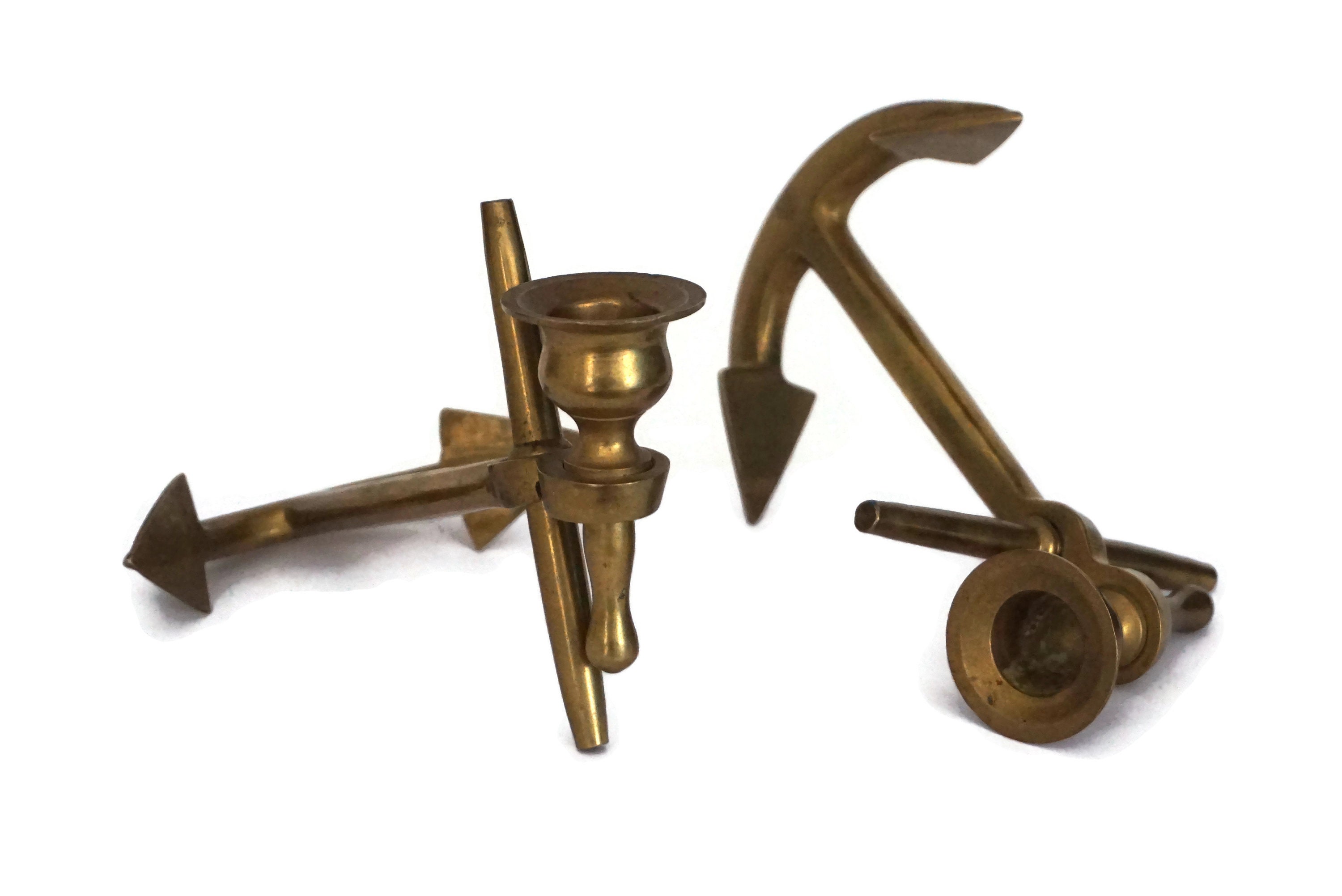Brass Anchor Candle Holder Pair, Vintage Nautical and Coastal Home Decor