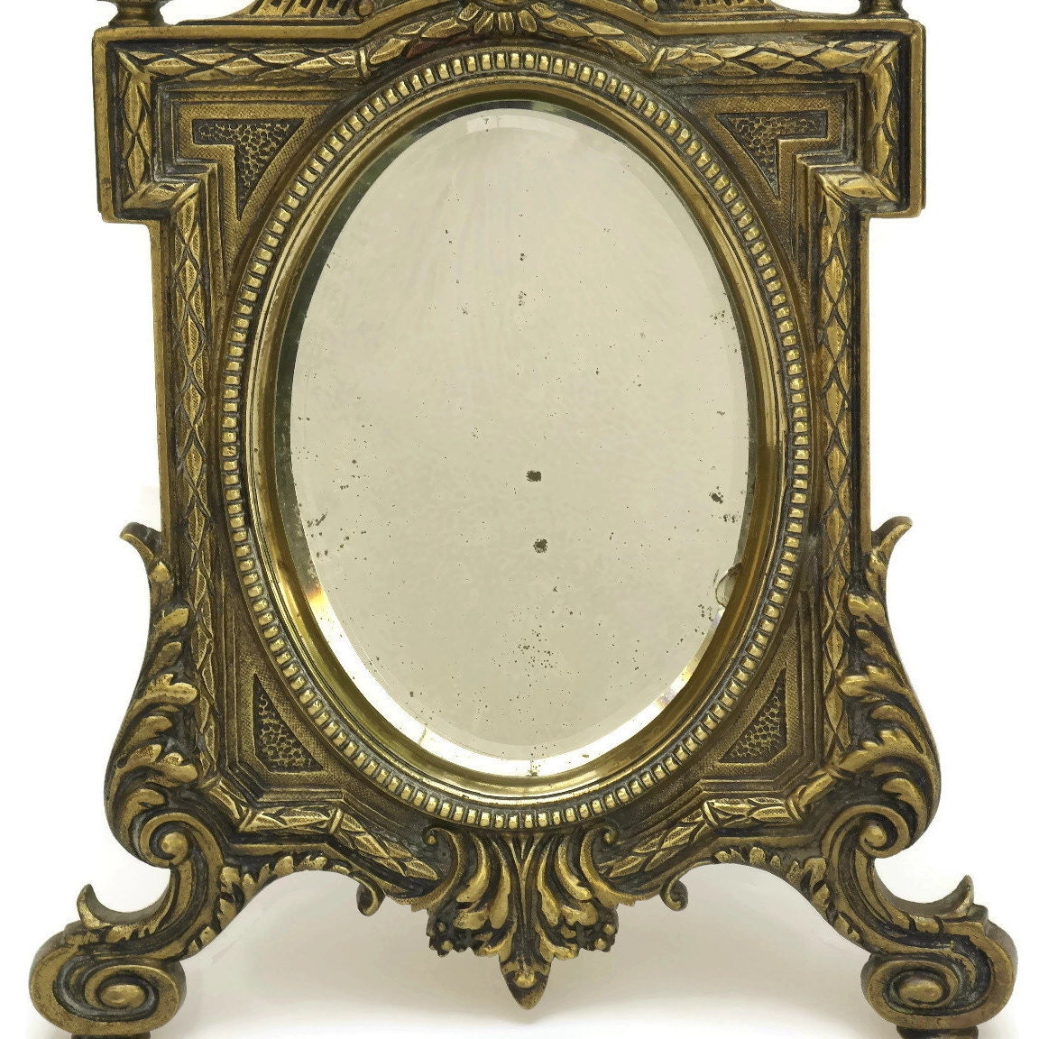 Bronze Standing Mirror with Beveled Glass, Antique French Vanity Makeup