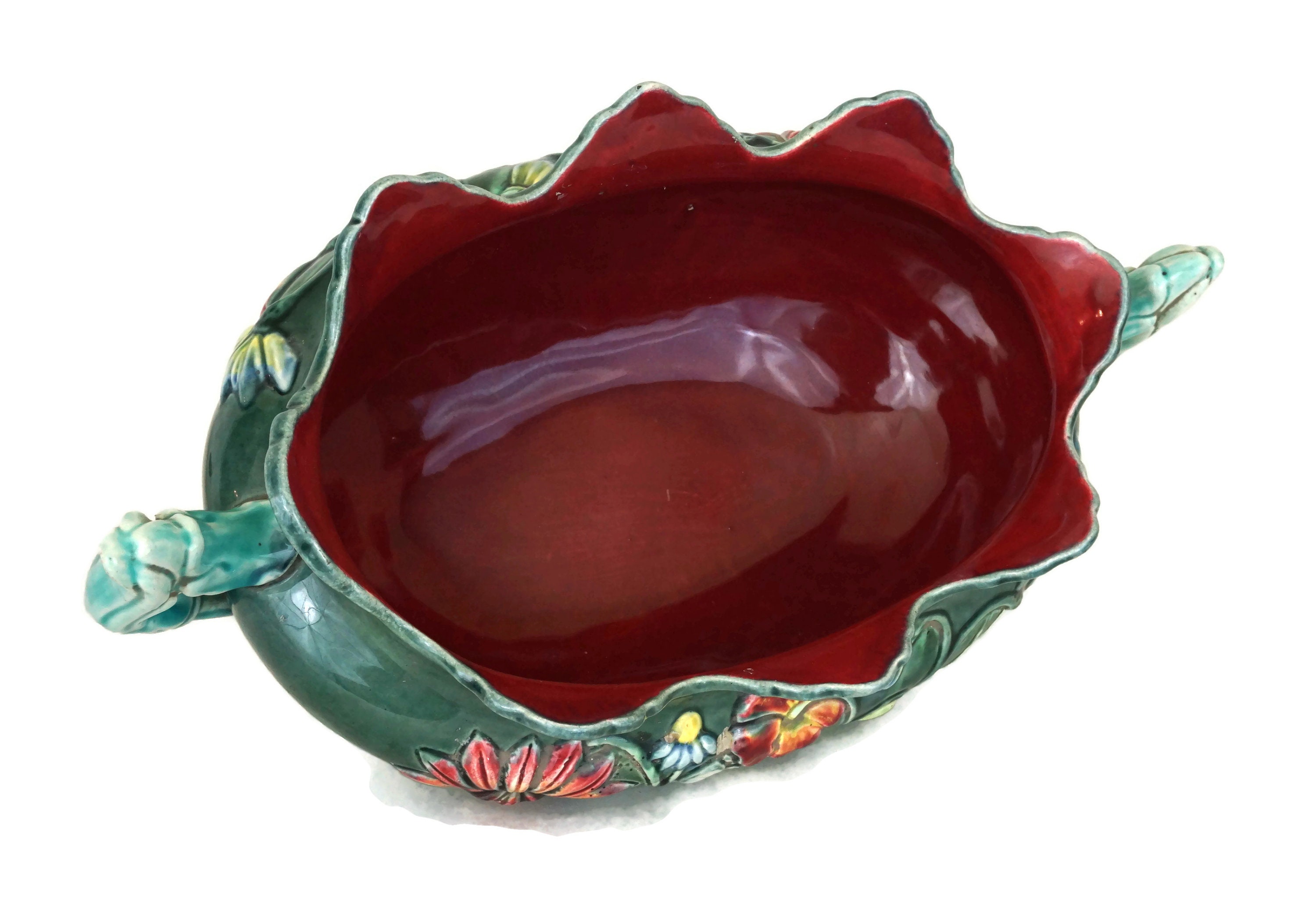 Antique French Majolica Jardiniere, Teal Ceramic Flower Vase and Indoor