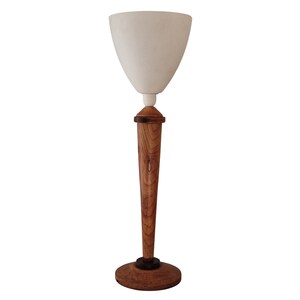 Art Deco Walnut Wood Table Lamp with Tulip Opaline Glass Shade, French Mazda Style Light image 2