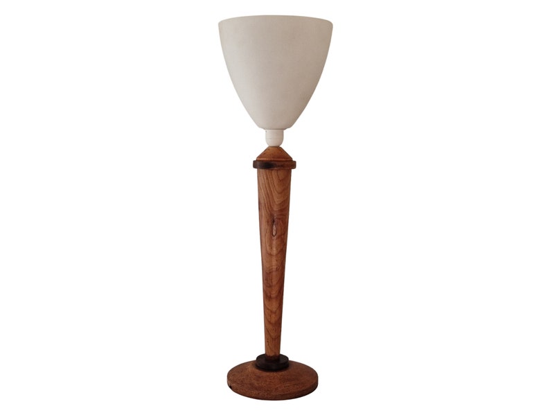 Art Deco Walnut Wood Table Lamp with Tulip Opaline Glass Shade, French Mazda Style Light image 2