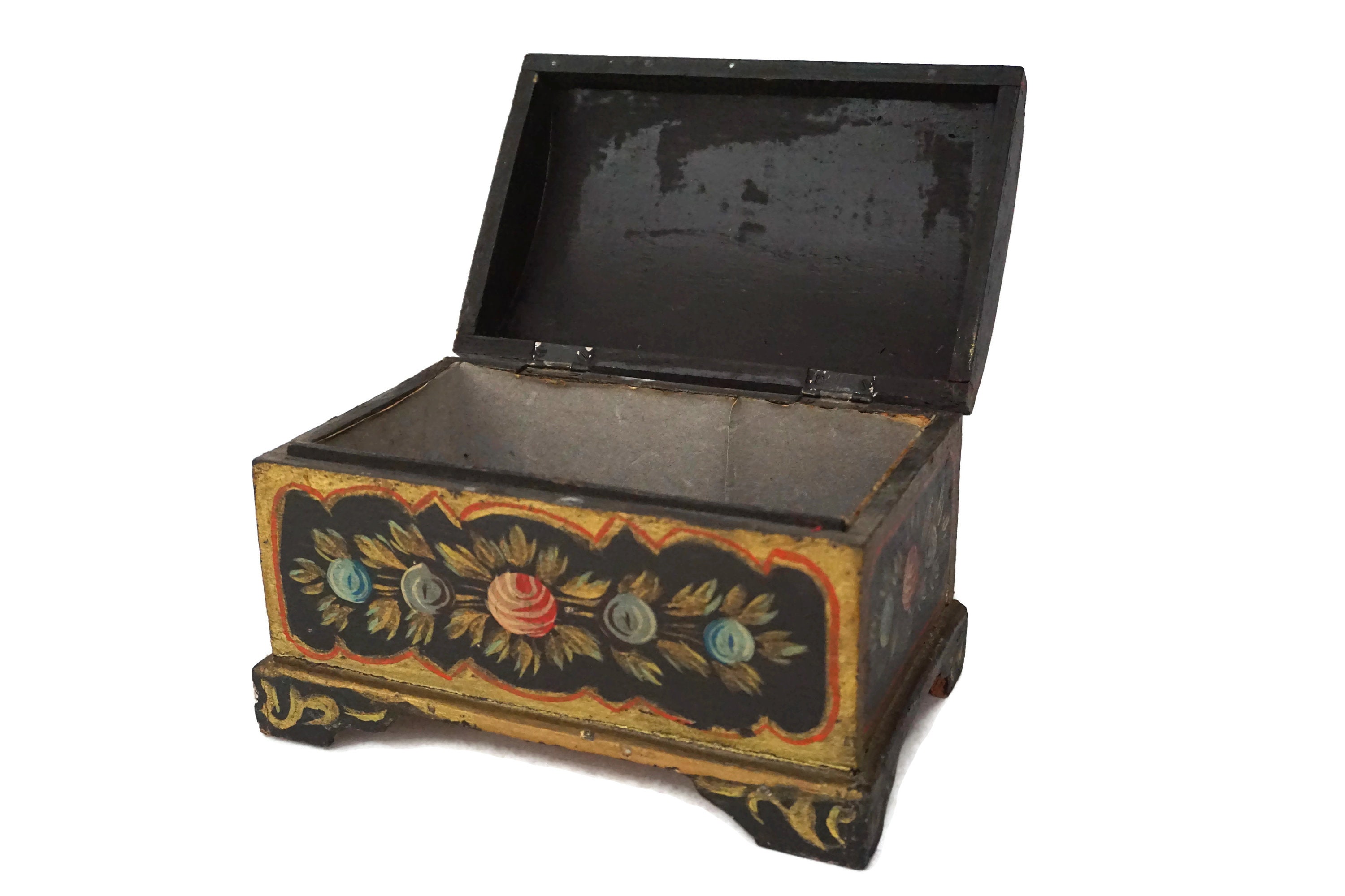 Folk Art Painted Tole Flower Wooden Chest Jewelry Box