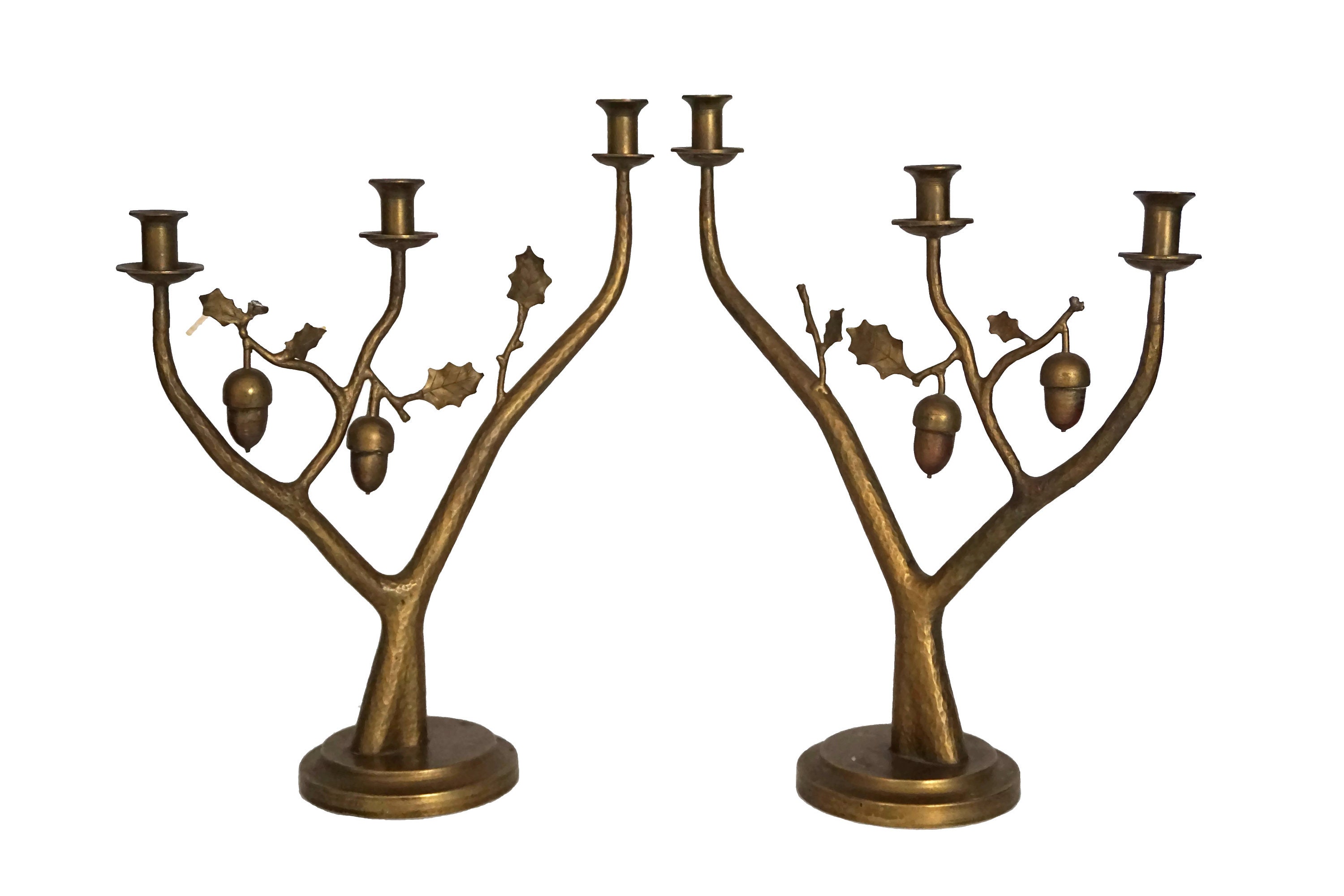 Bronze Acorn and Oak Tree Candelabra Pair, French 3 Branch Candlestick