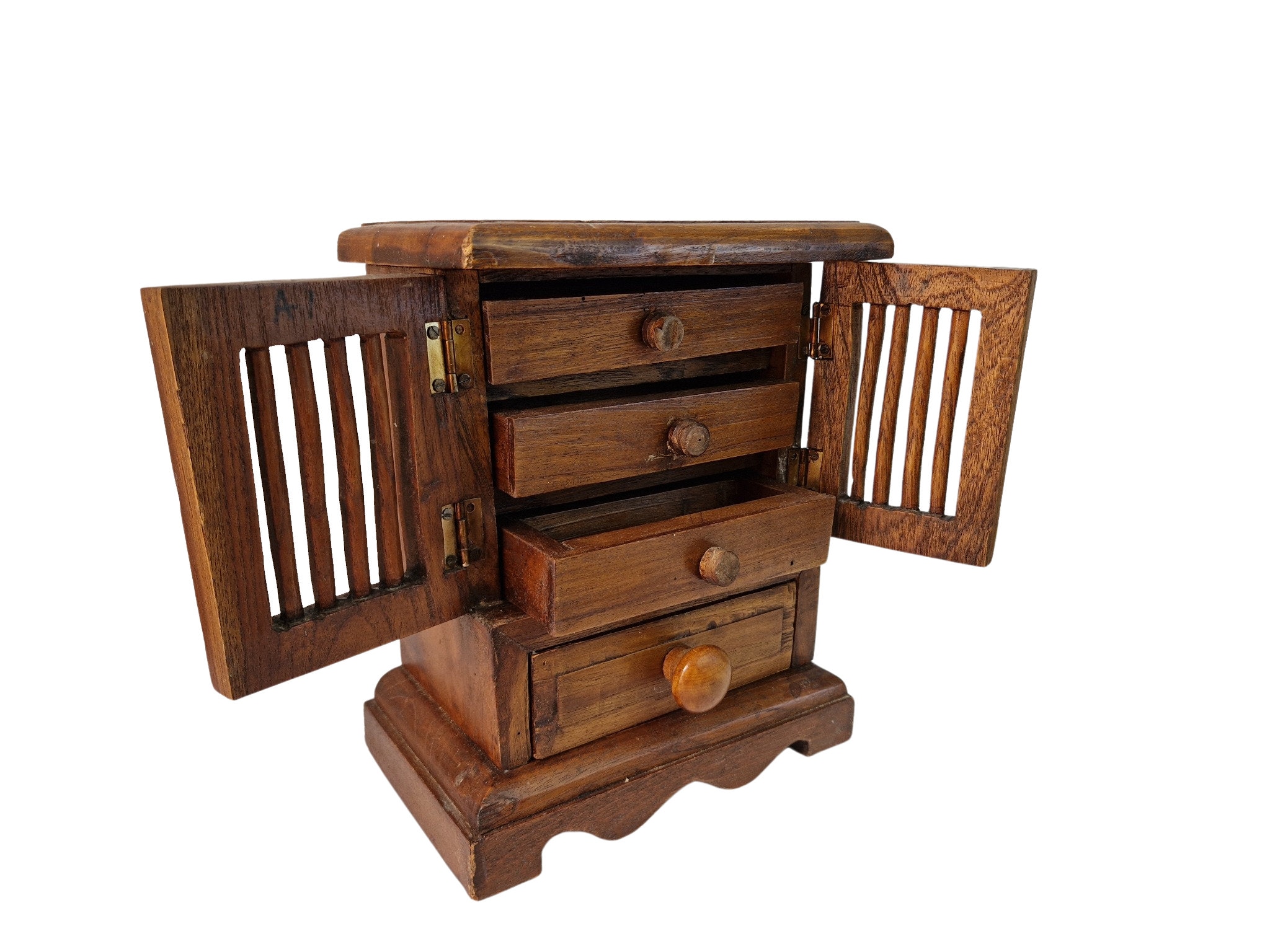 Vintage Hand Crafted Wooden Jewelry Box with Drawers, Miniature Accessory Storage Cupboard