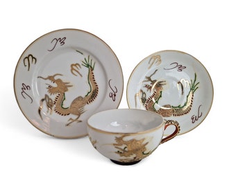 1950s Japanese Moriage Porcelain Gold Dragon Ware Tea Cup Trio with Lithophane Geisha Image, Teacup, Saucer and Cake Plate Service