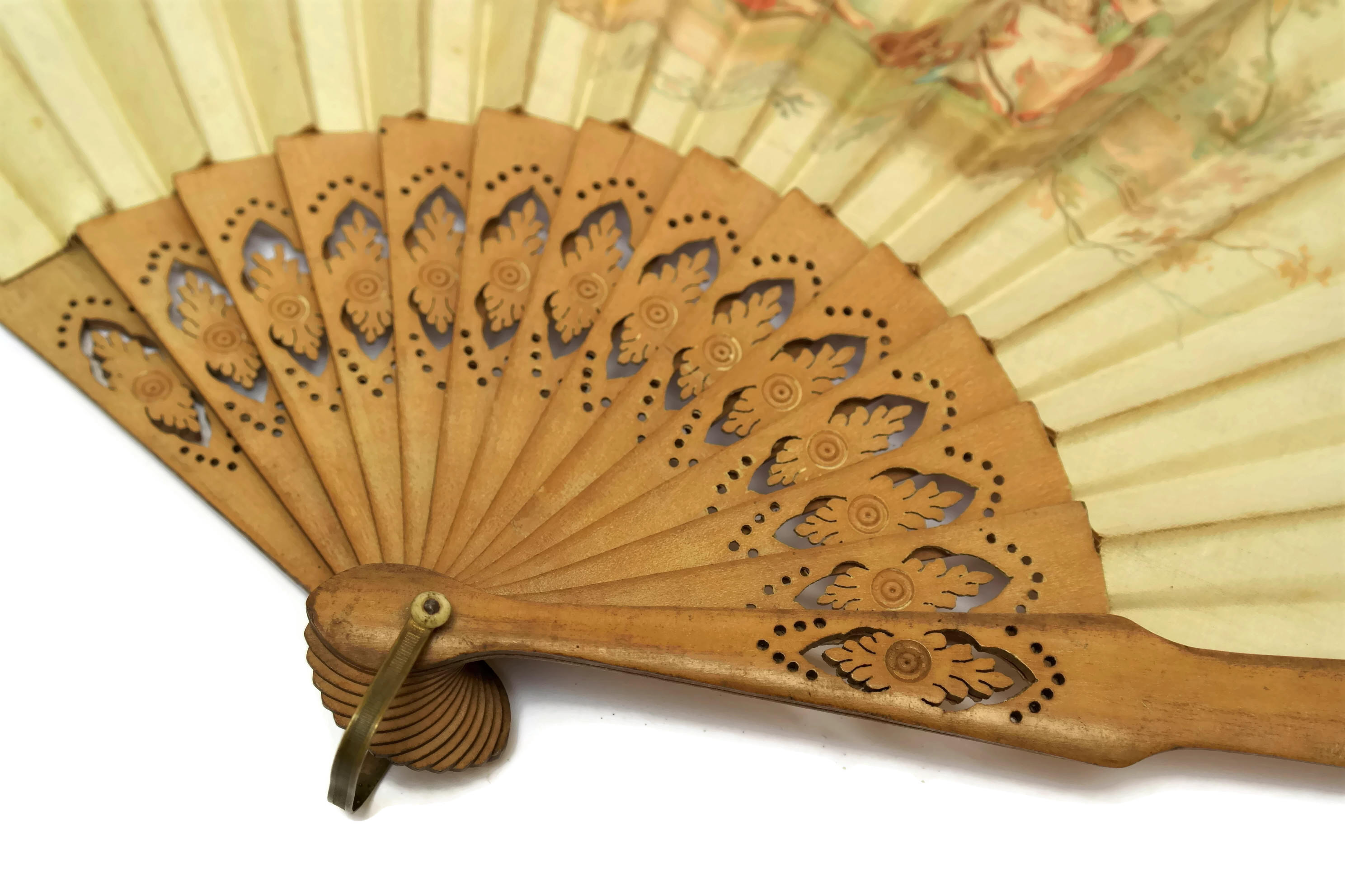 Romantic French Antique Printed Silk and Wood Hand Fan.