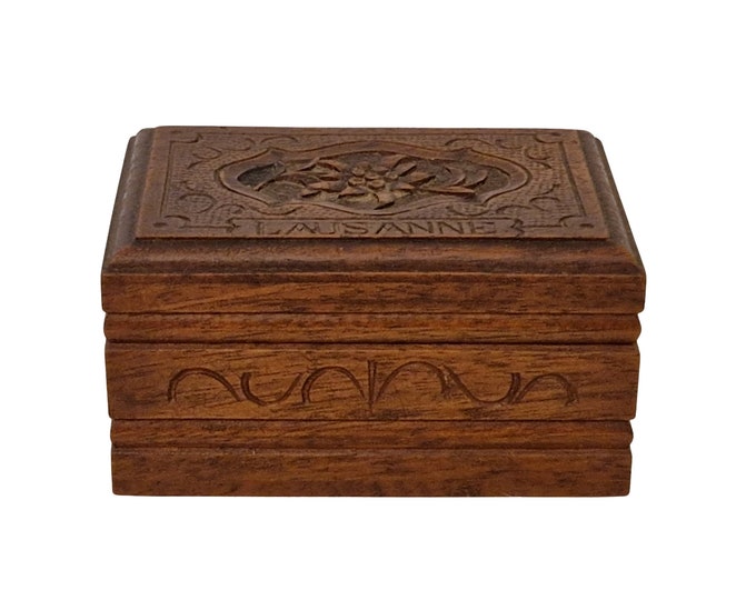 Swiss Black Forest Carved Wood Stamp Box with Edelweiss Flower, Lausanne Switzerland Souvenir