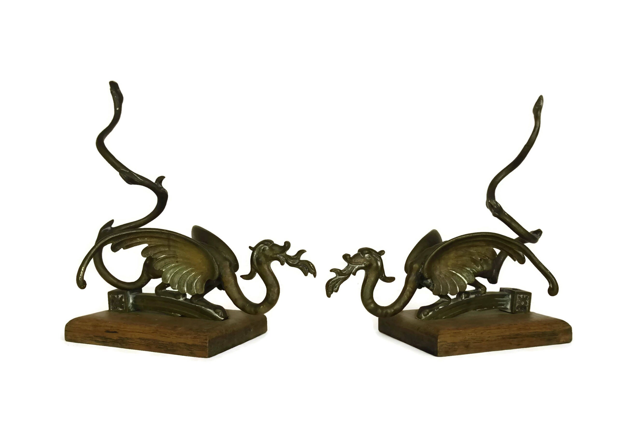 Antique Bronze Dragon Statue Bookends on Wood Bases. French Office & Library Decor. Mythology