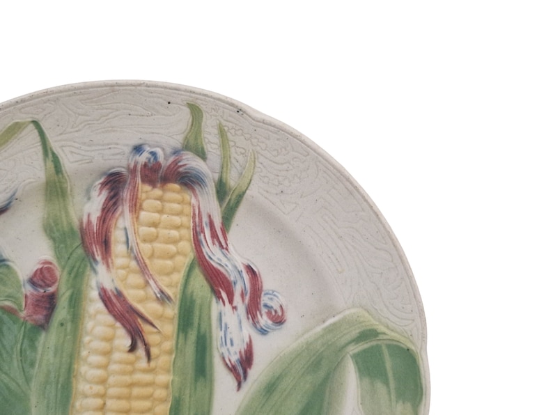 French Antique Majolica Plate with Corn Cob by Keller & Guerin St Clement, Ceramic Kitchen Wall Hanging Decor image 5