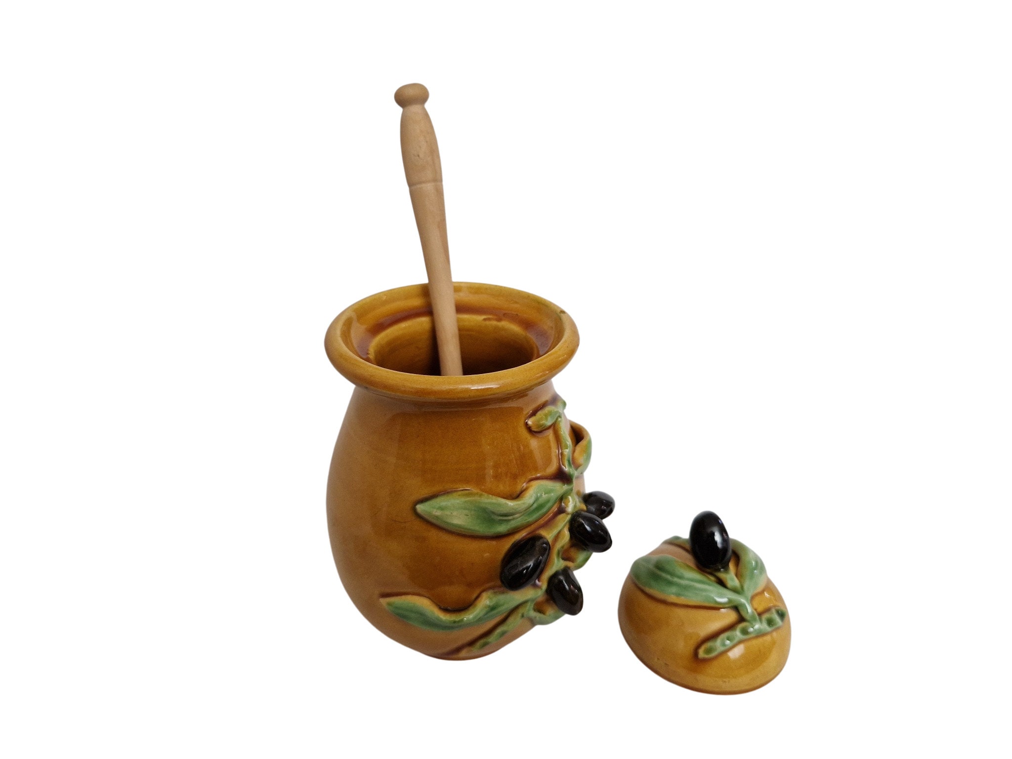 French Majolica Olive Jar with Wooden Ladle Spoon by Vallauris