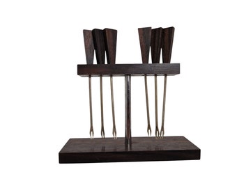 Art Deco Ebony Cocktail Pick Set with Stand, French Wooden Appetizer Forks Holder