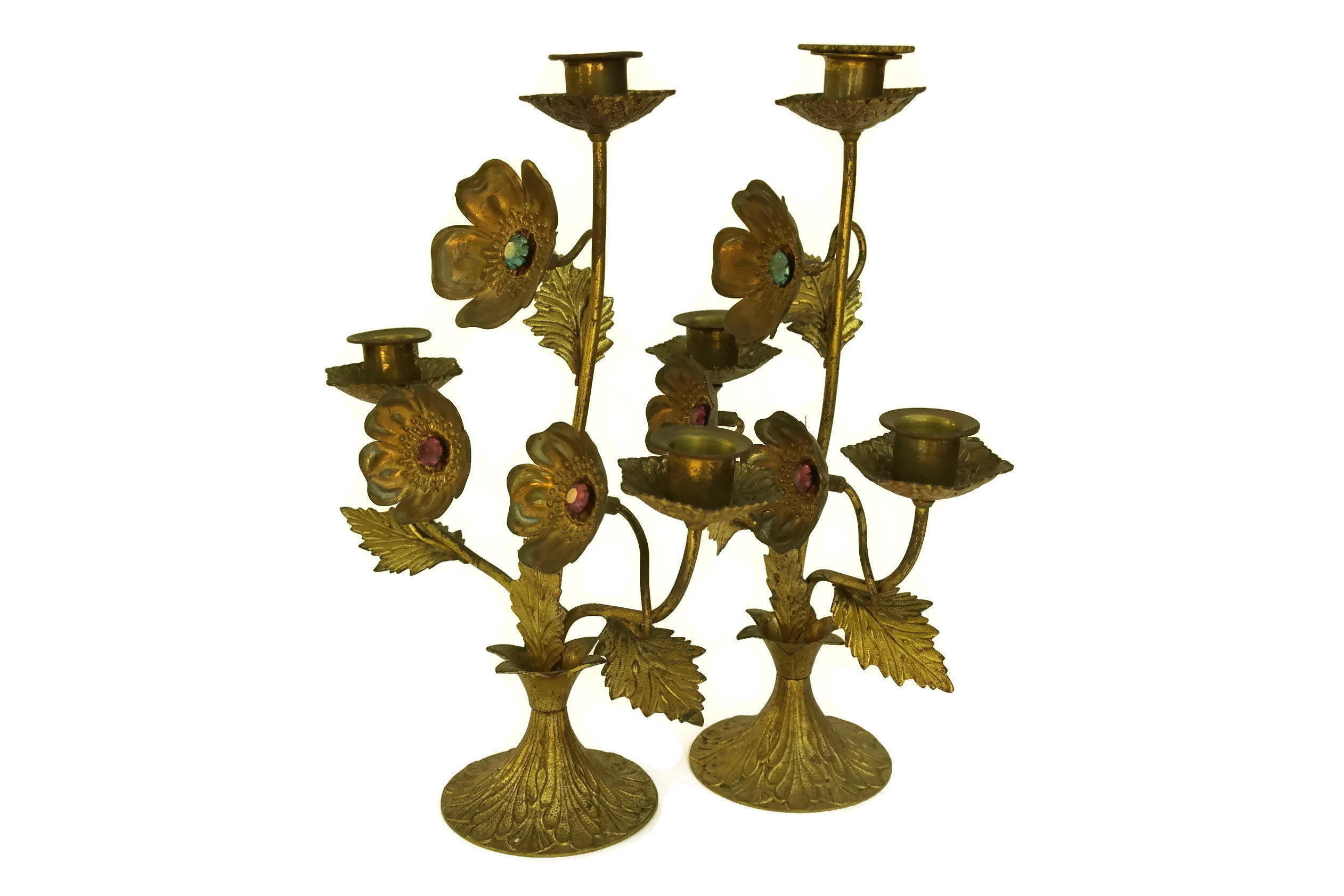 French Antique Church Altar Candelabra with Flowers and Faux Jewels