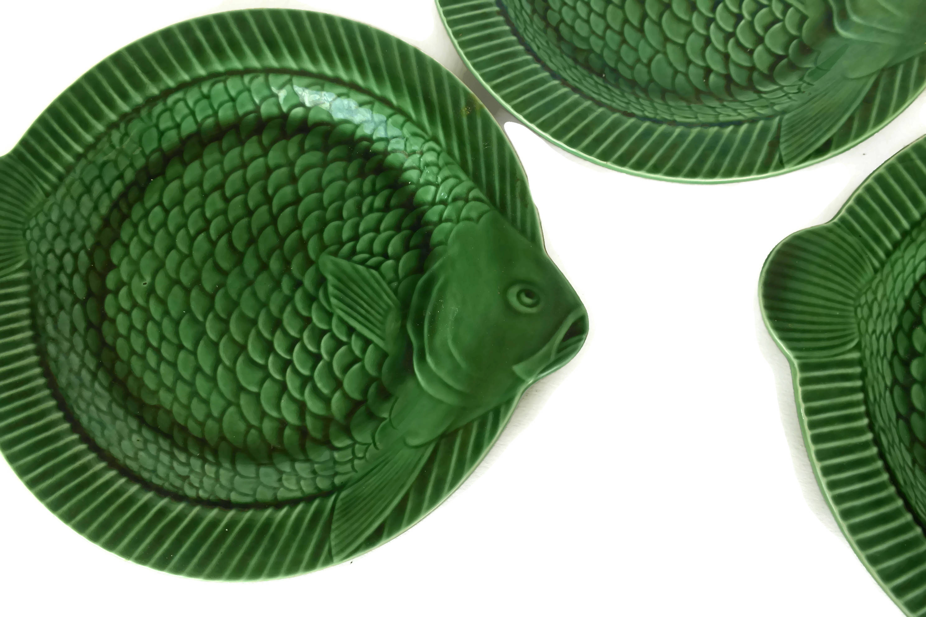 Green Majolica Fish Plate Set of 6. Sarreguemines Vintage French