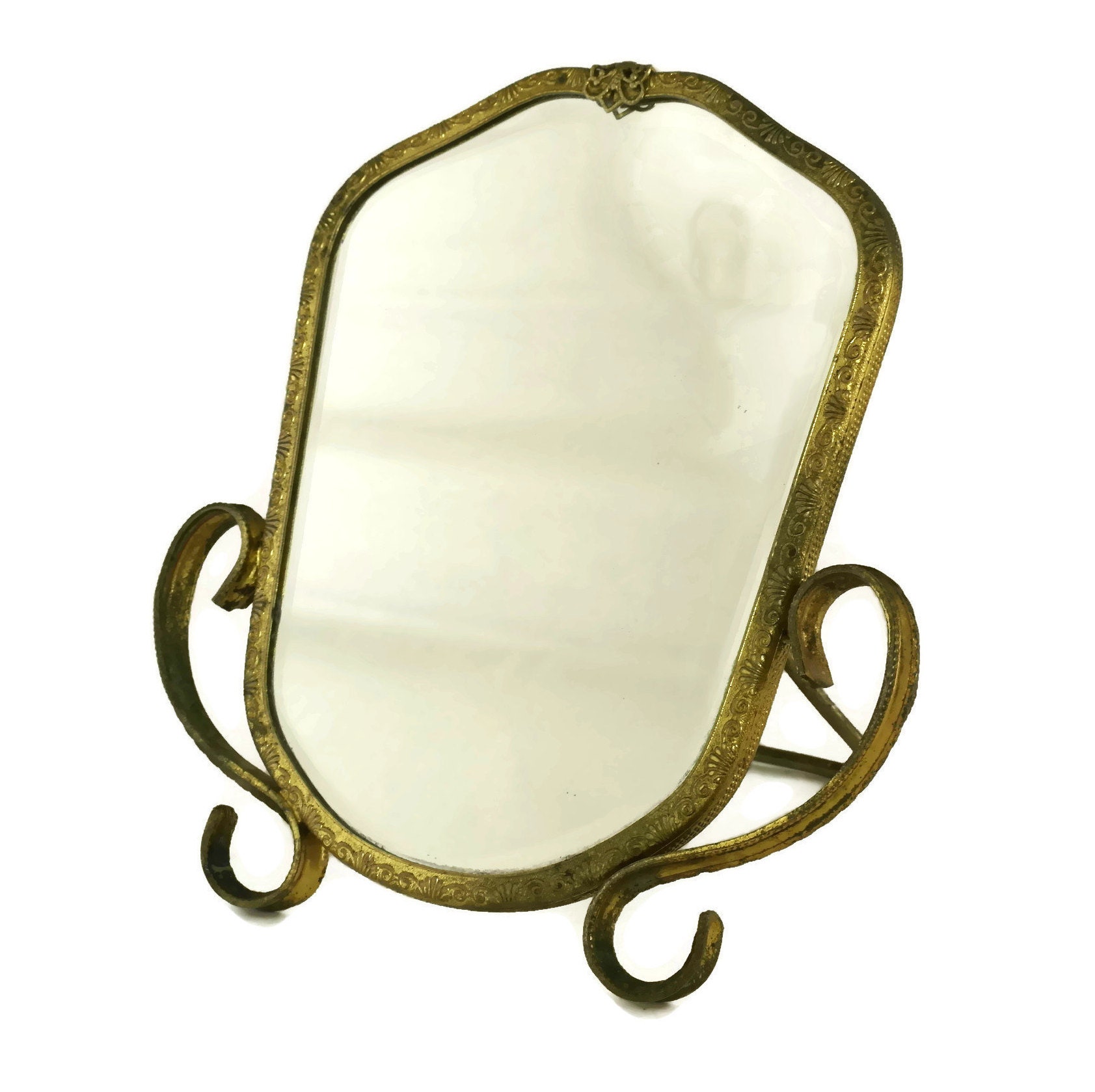 French Antique Brass Standing Makeup Mirror. Looking Glass. Vanity and
