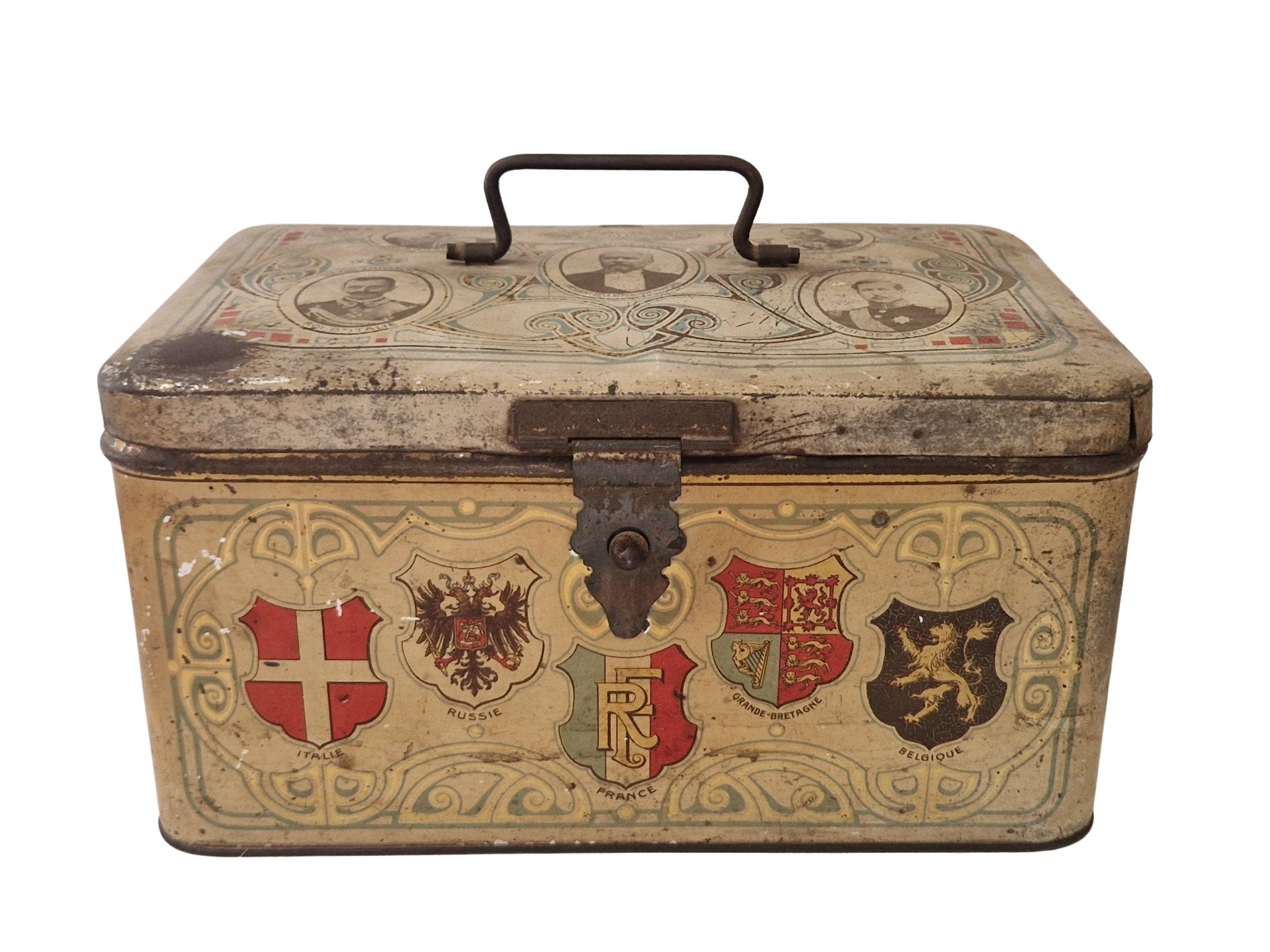 Antique WW1 Souvenir Tin Box with Allied Leaders Portraits, Flags and