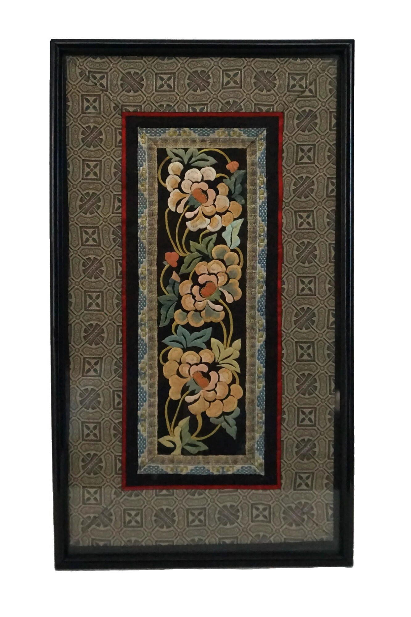 Antique Chinese Silk Embroidery Panel Wall Hanging, Framed Asian Flower