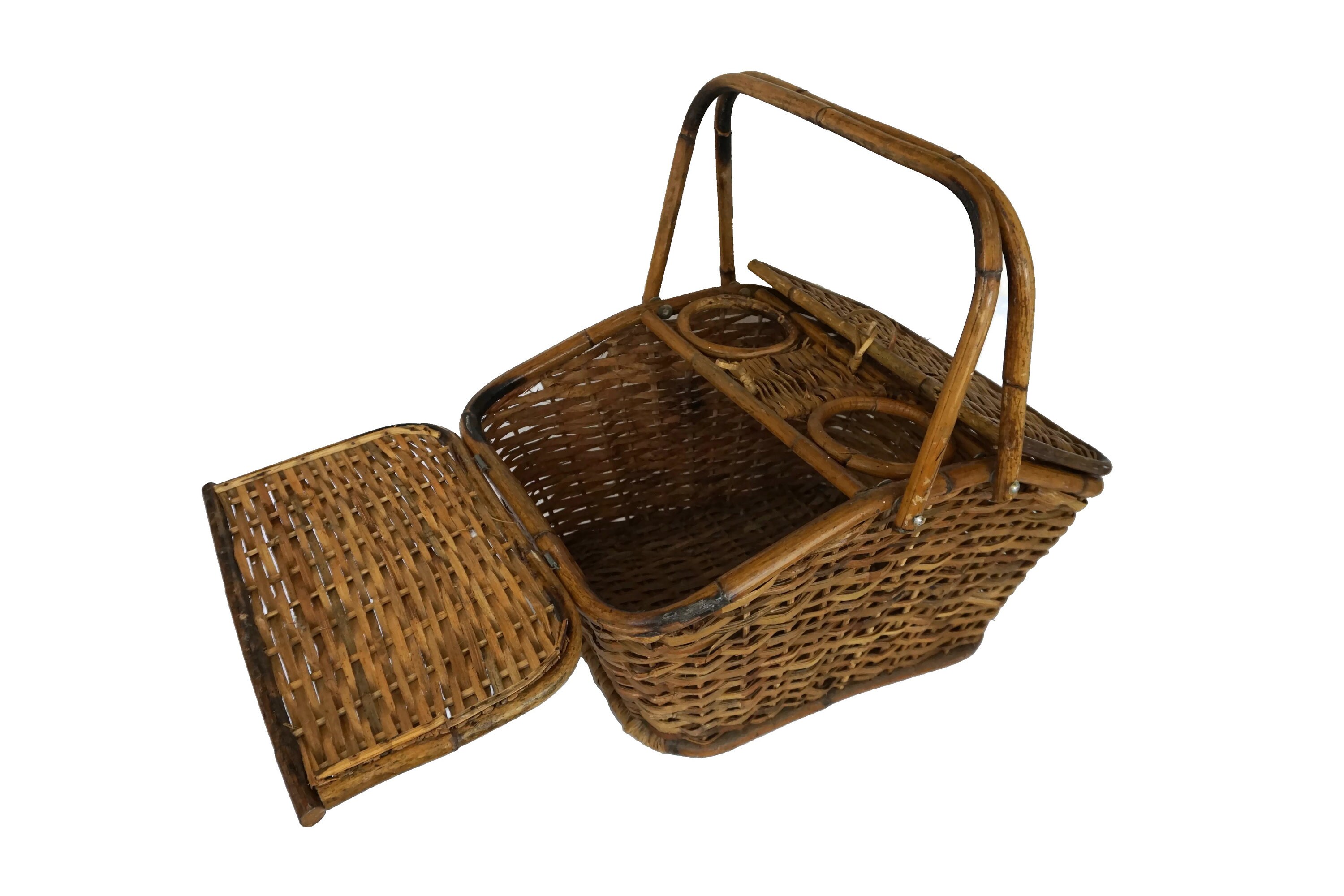 Rattan and Bamboo Picnic Basket with Wine Bottle Carrier