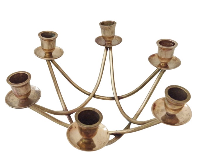 Mid Century Brass Tabletop Candelabra, MCM Candle Holder Centerpiece with Six Arms