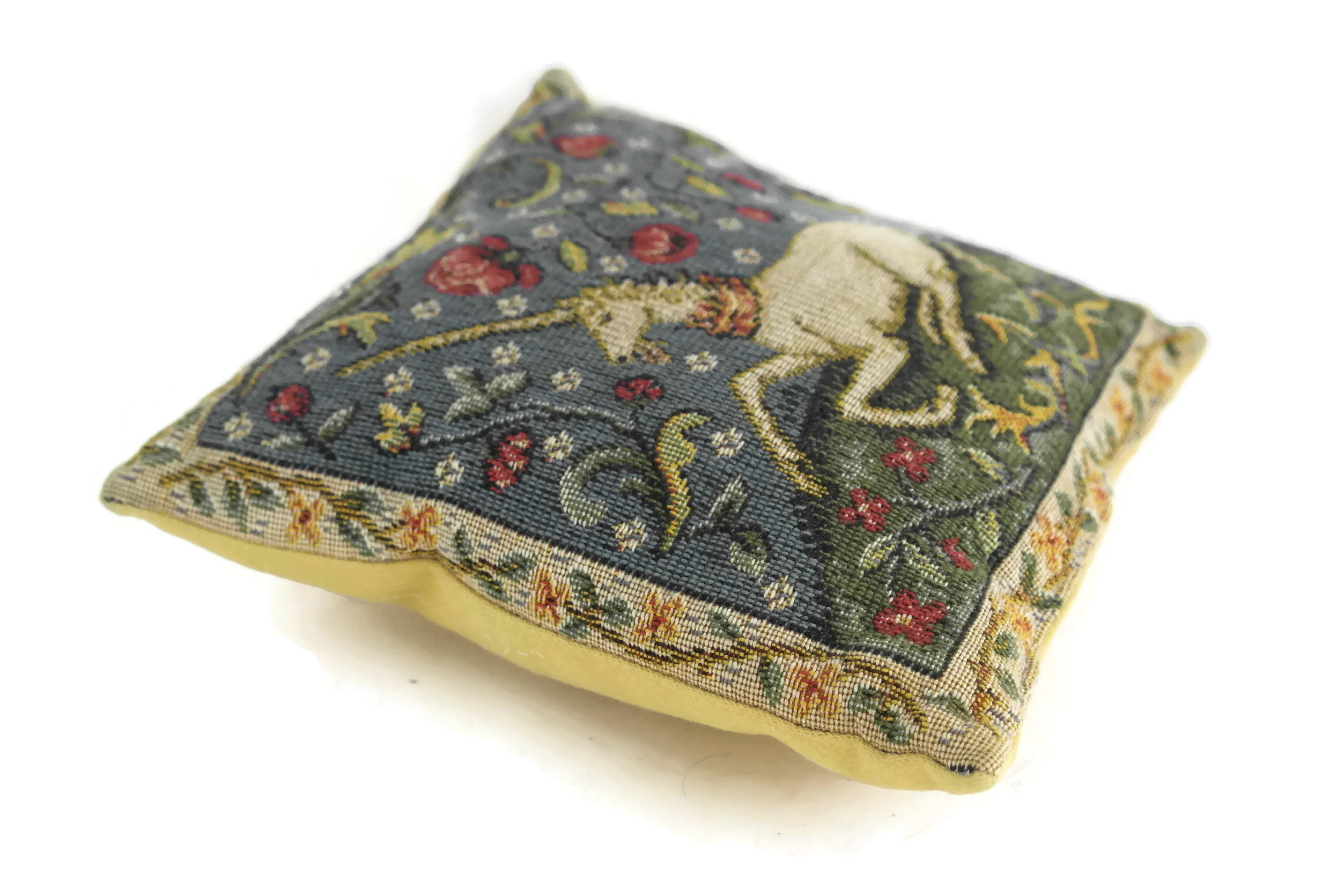 Vintage French Tapestry Pillow with Unicorn and Roses. Small Pin