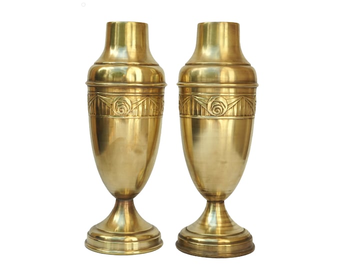 Art Deco Brass Vase Pair with Geometric Flower Design, Antique French Mantle Urns