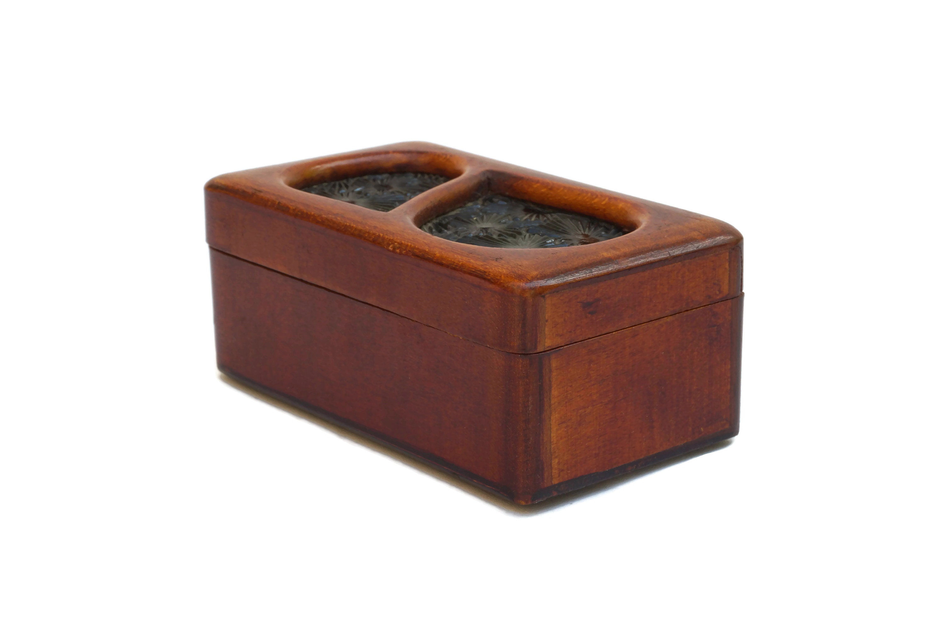 Art Deco Wood Stamp Box with Glass Lid