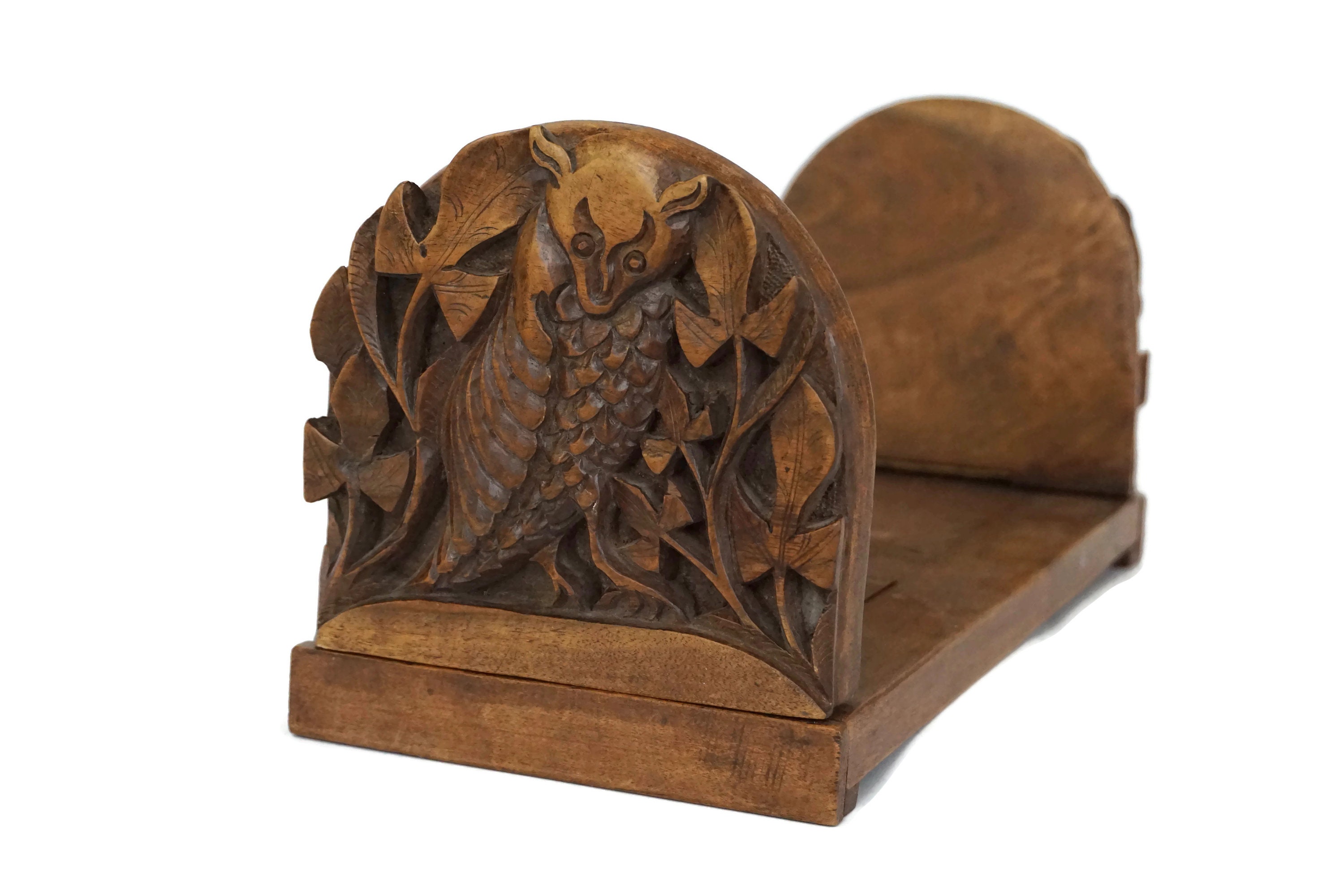 Antique Bats Carved Wood Book Rack, Extending Sliding Book Shelf, Folding Bookends