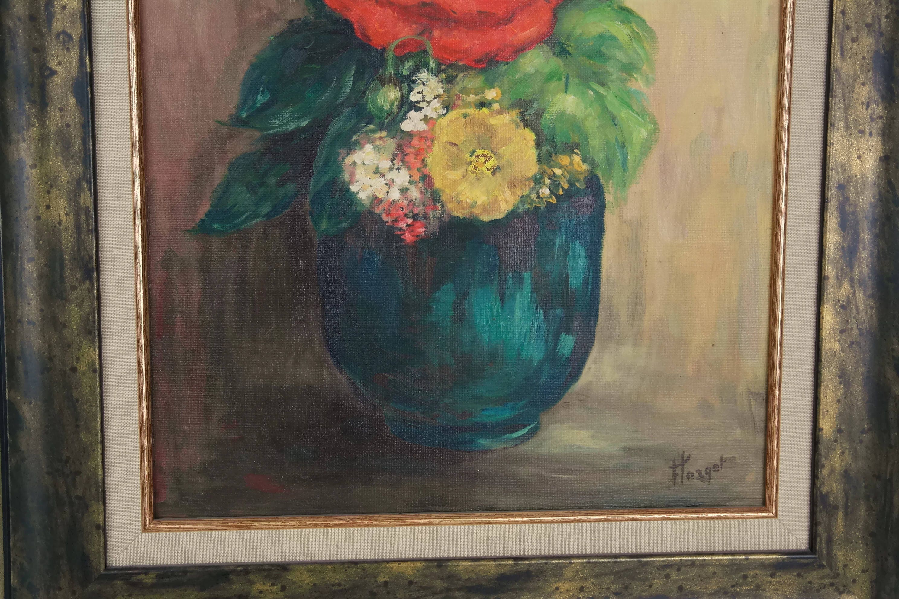 Still Life Painting of Flowers in a Teal Vase, Vintage French Oil