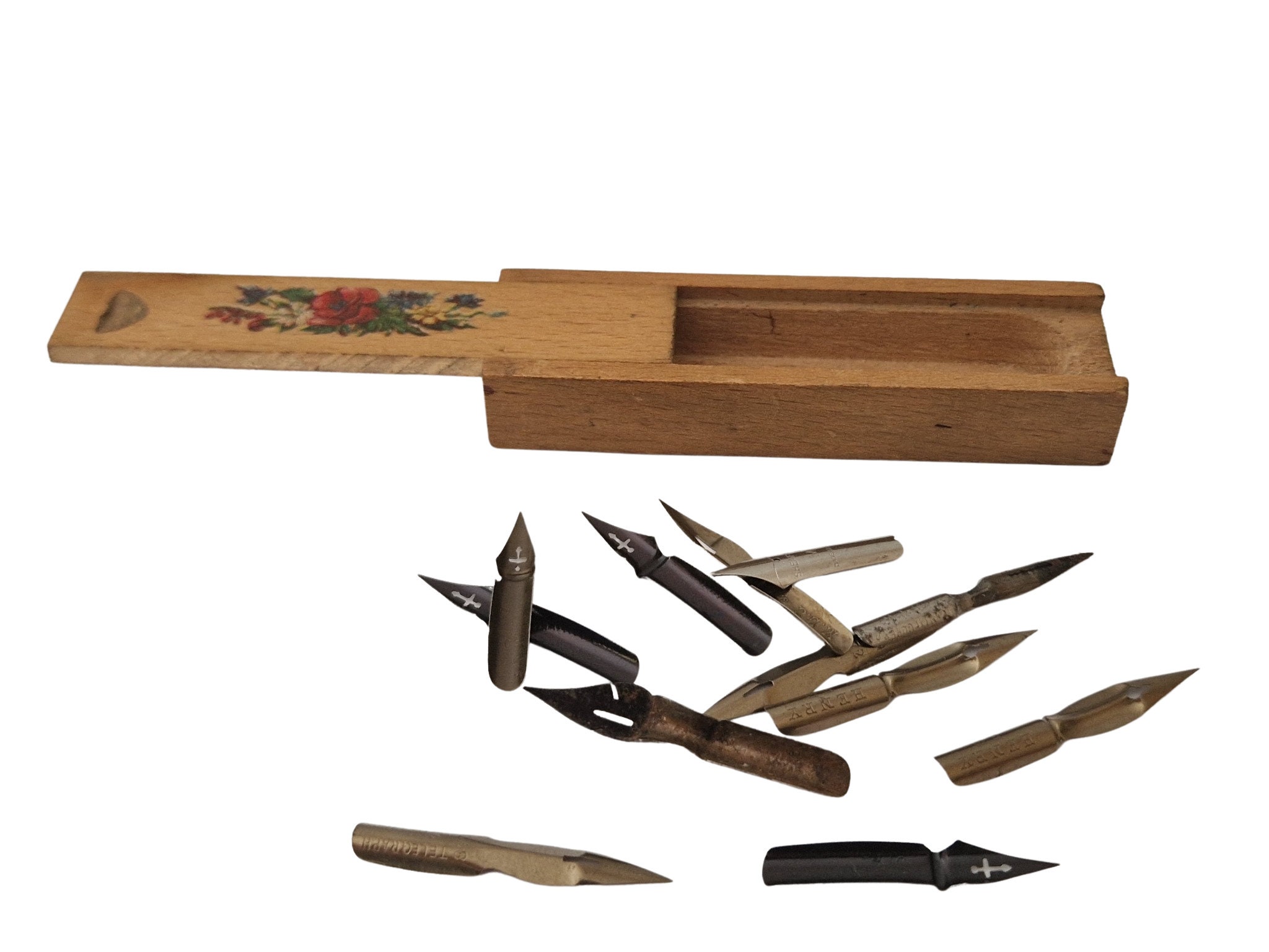 Antique French Brass Feather Quill Fountain Pen with Box of Ink Nibs