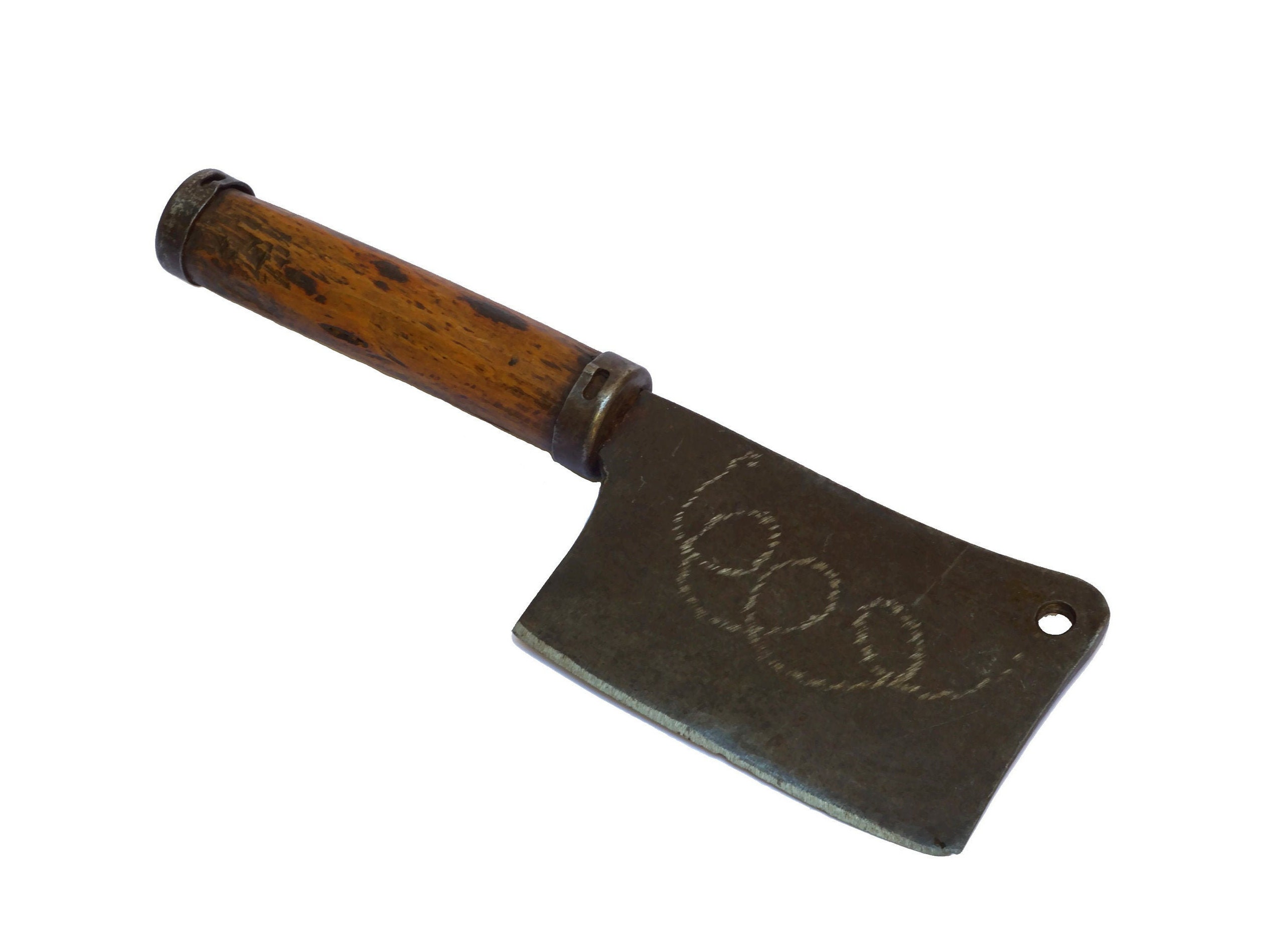 Antique French Meat Cleaver, Kitchen Chopper with Wooden Handle