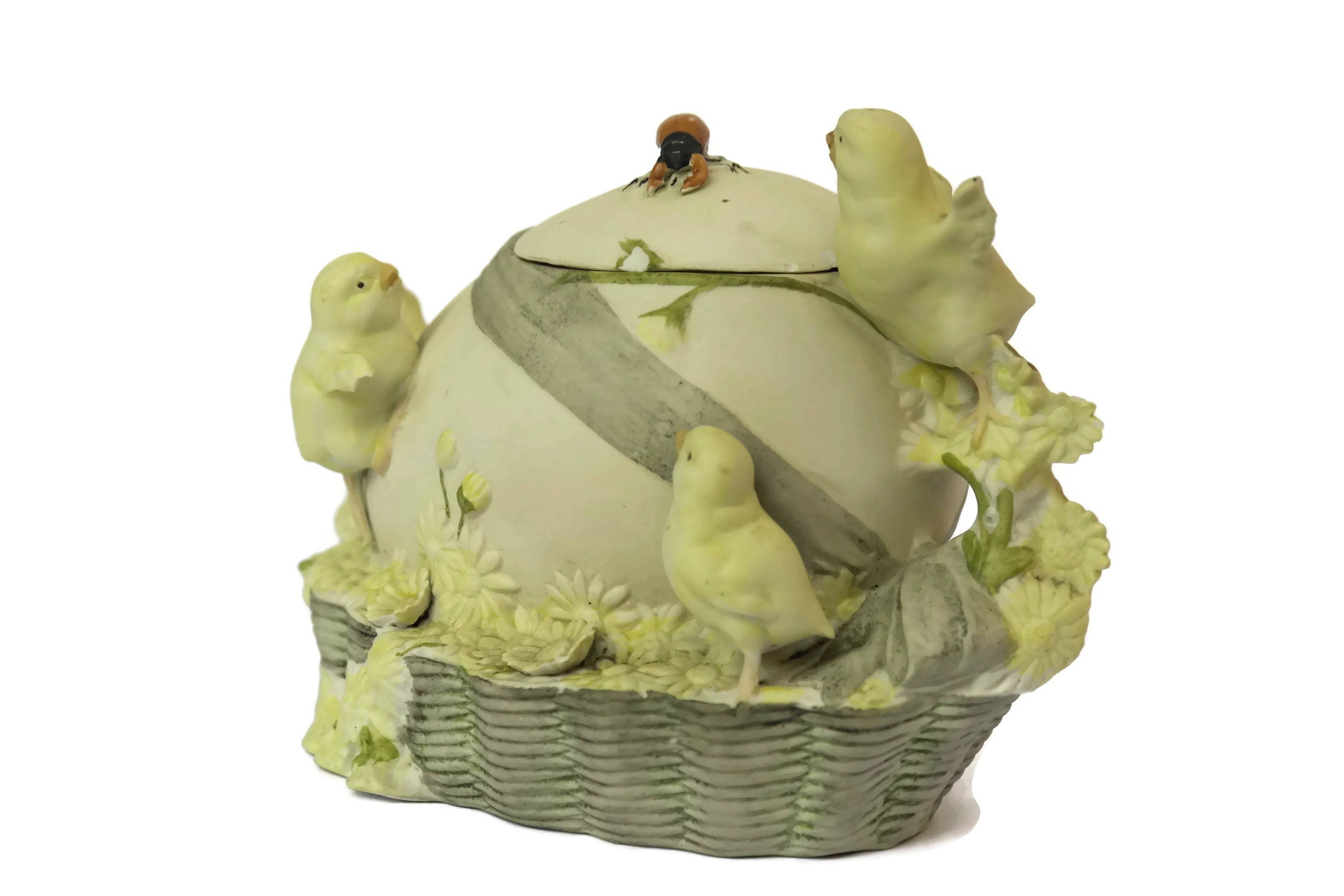Porcelain Easter Egg Box with Chick Figures. Antique Bisque Trinket Box