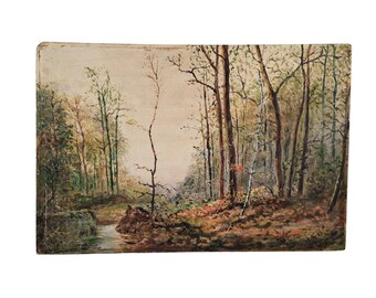 French Forest Clearing and River Painting, Scenic Woodland Landscape Art with Trees