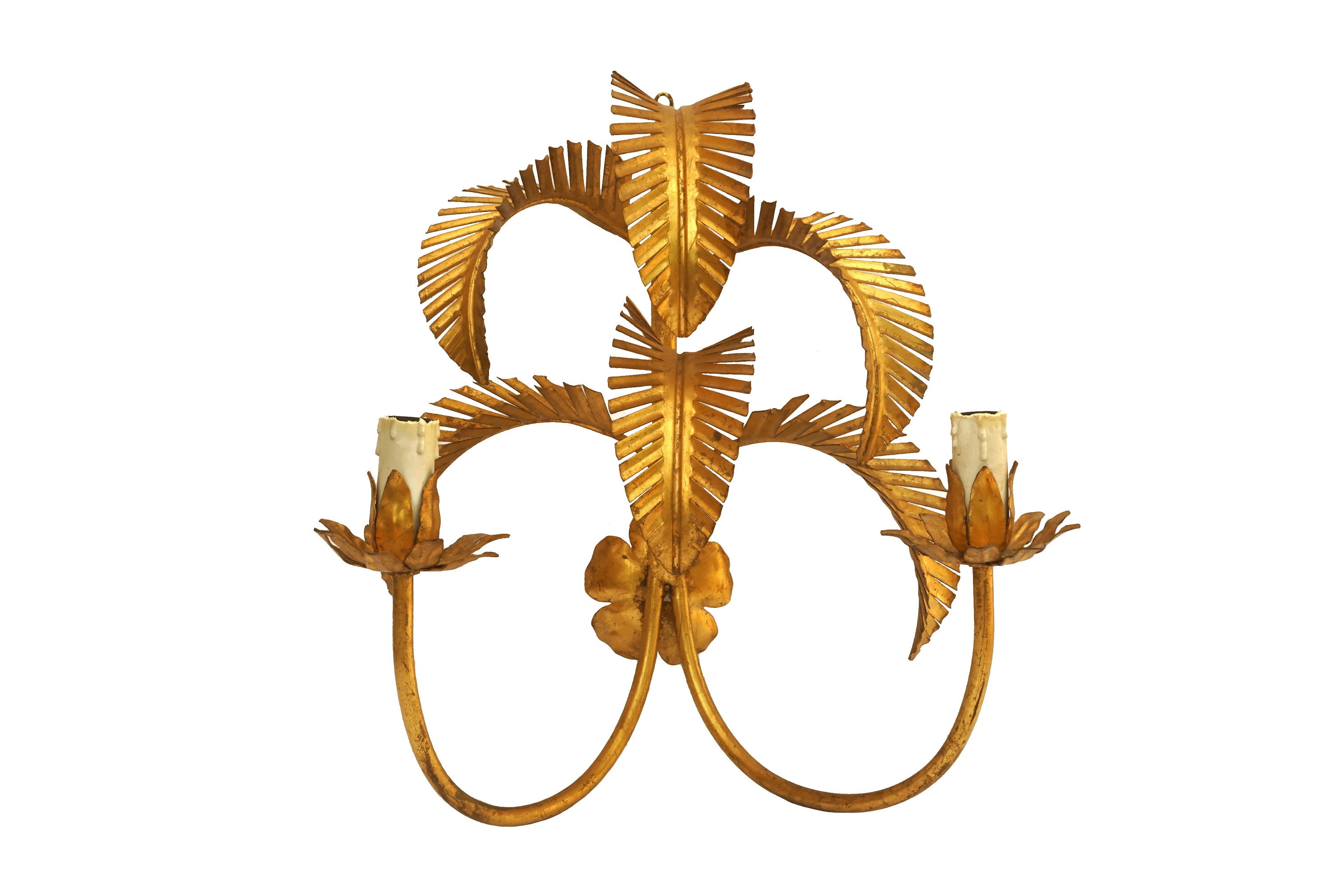 Gold Tole Palm Leaf Wall Sconce Light Fixture, Vintage Hollywood