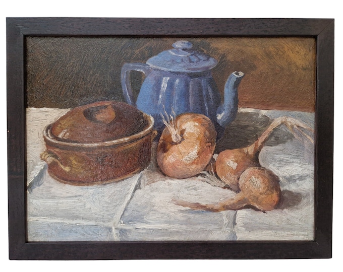 French Country Kitchen Still Life Painting with Onions, Teapot and Casserole Dish
