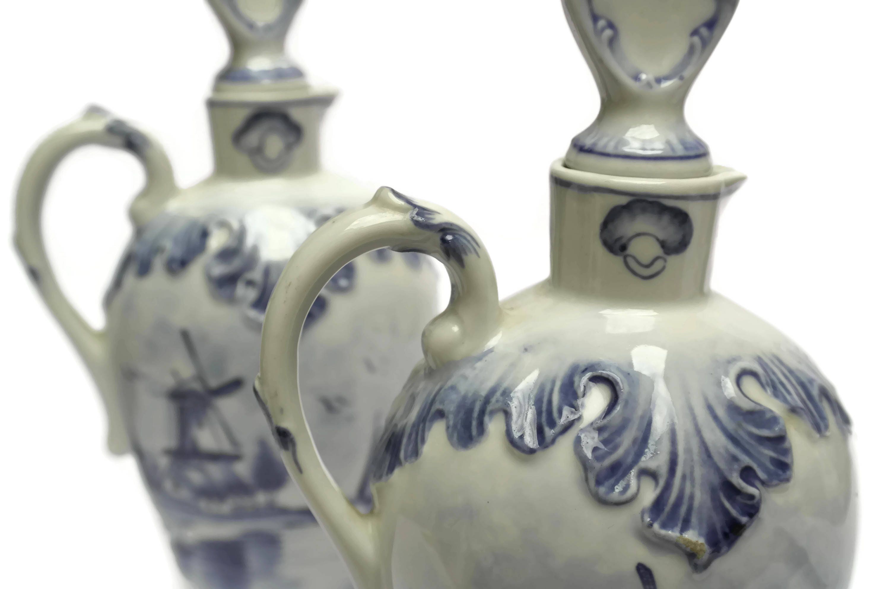 Delft Porcelain Condiment Bottle Set, Antique German Oil & Vinegar Cruet