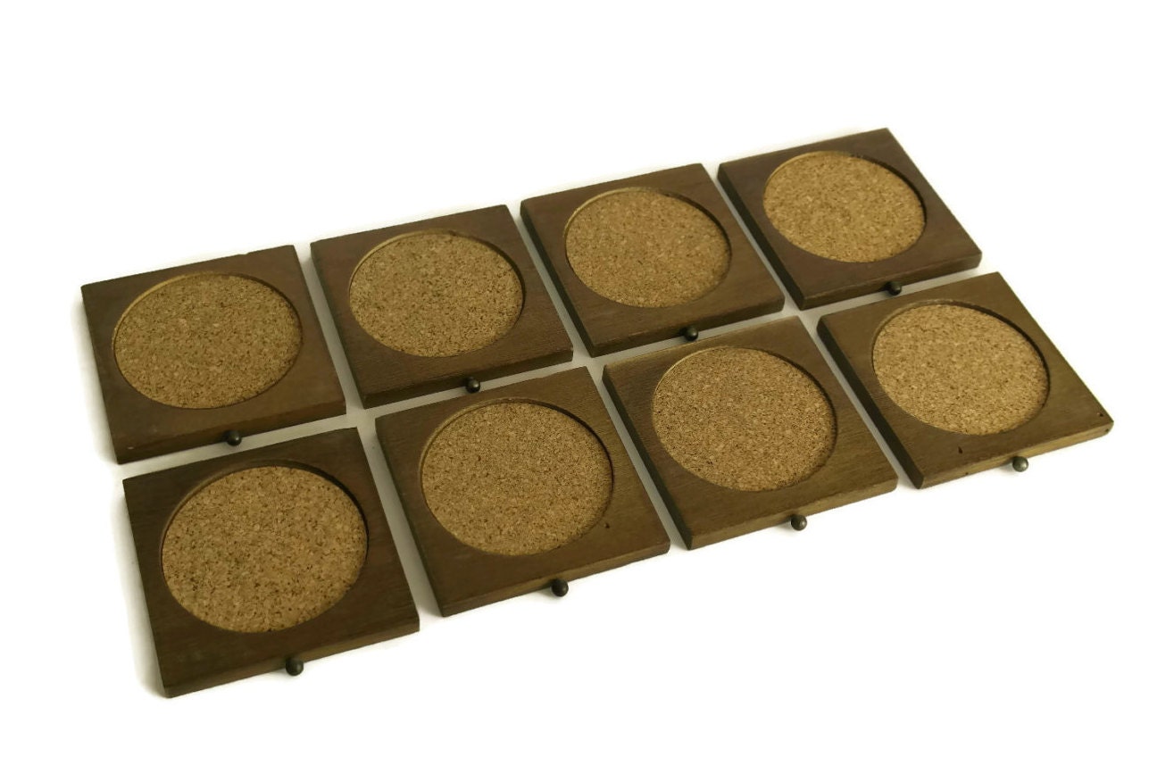 Vintage Wood and Cork Coasters. Set of 8 Wooden Drawer Drinks Coasters.