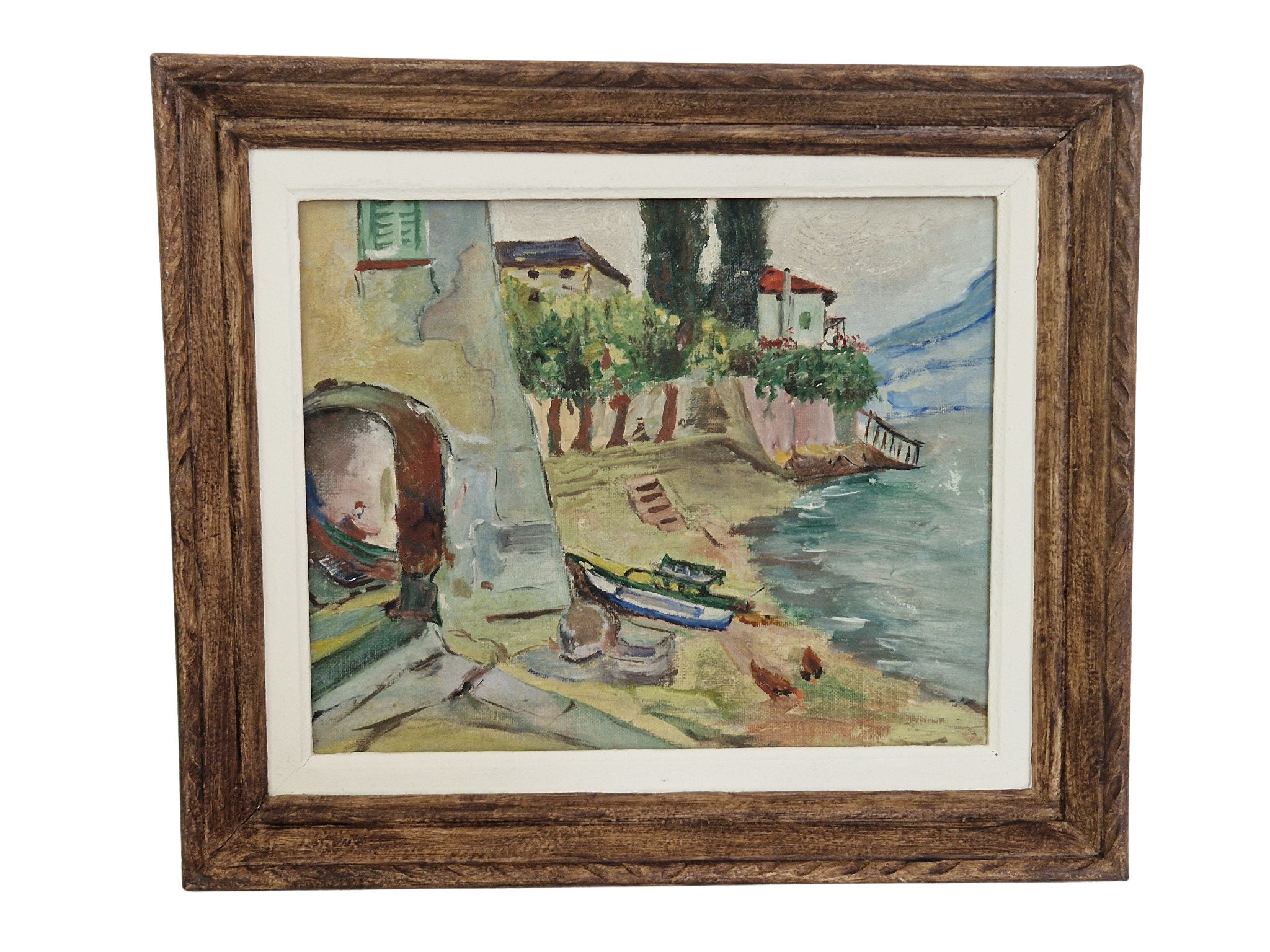 Vintage French Fishing Village Painting, Original Mediterranean Coastal