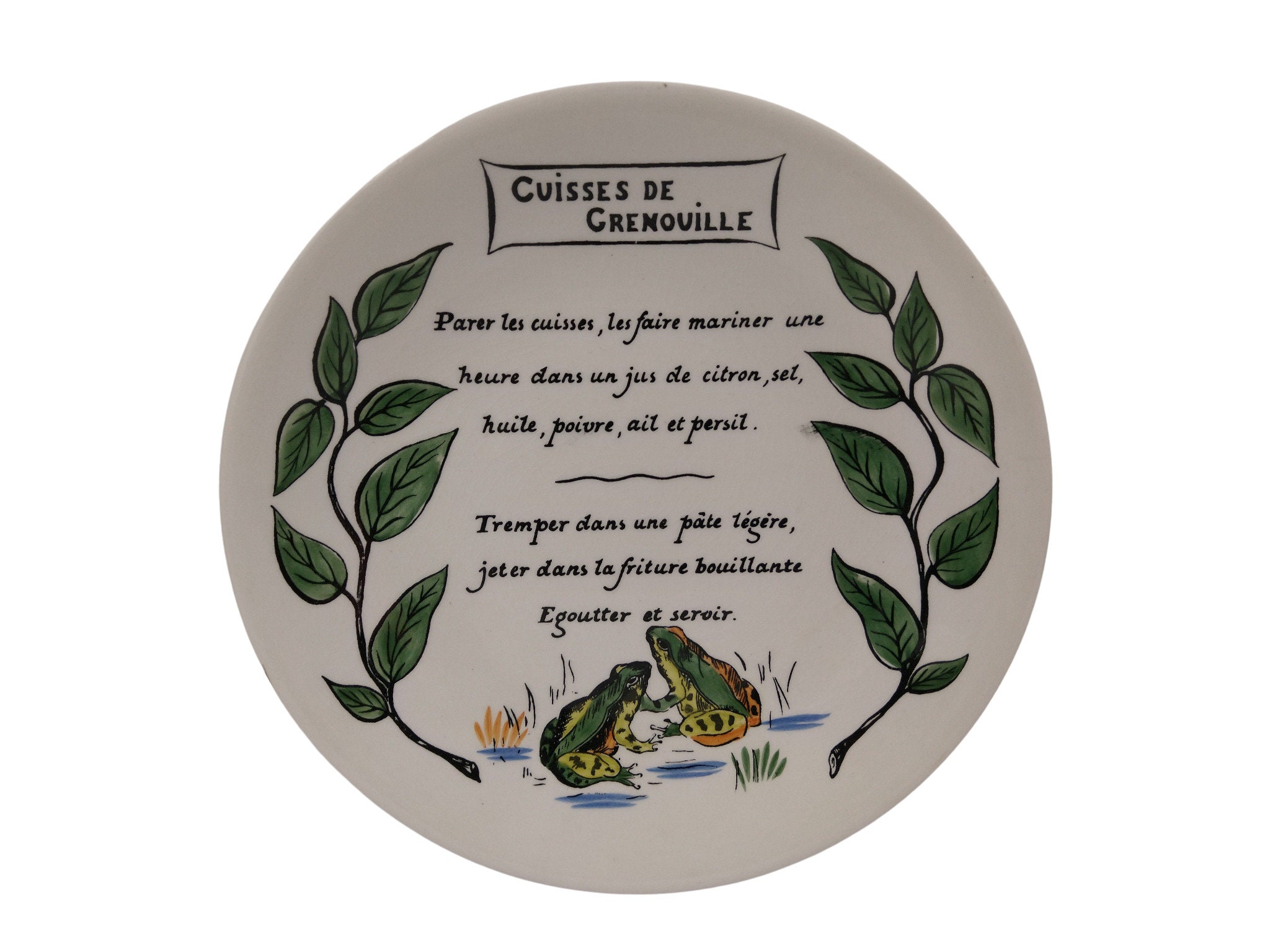 Français Cuisses de Grenouille Recette Plaque Murale Par Gien, Rustic Country Cottage Kitchen Decor.