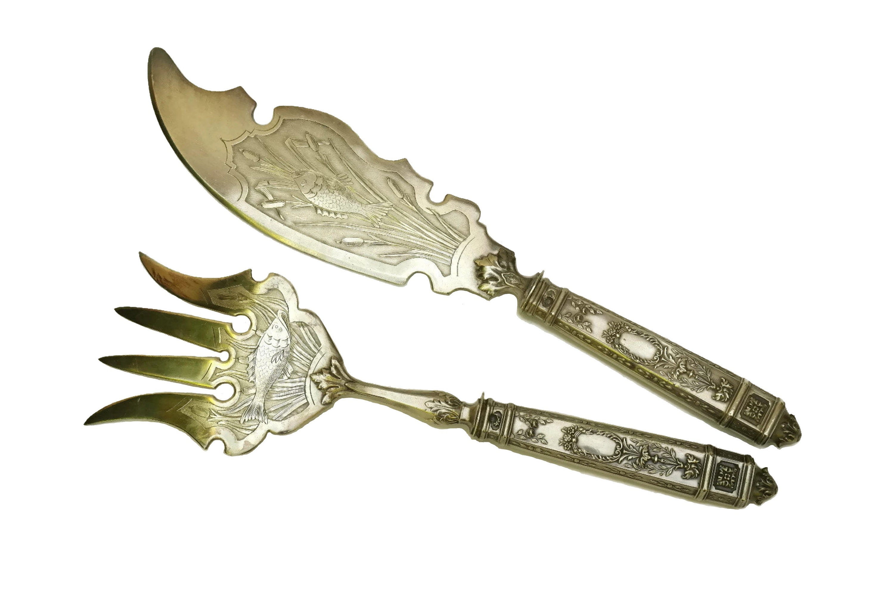 RESERVED for Jack. Antique French Silver Fish Servers, Engraved Knife