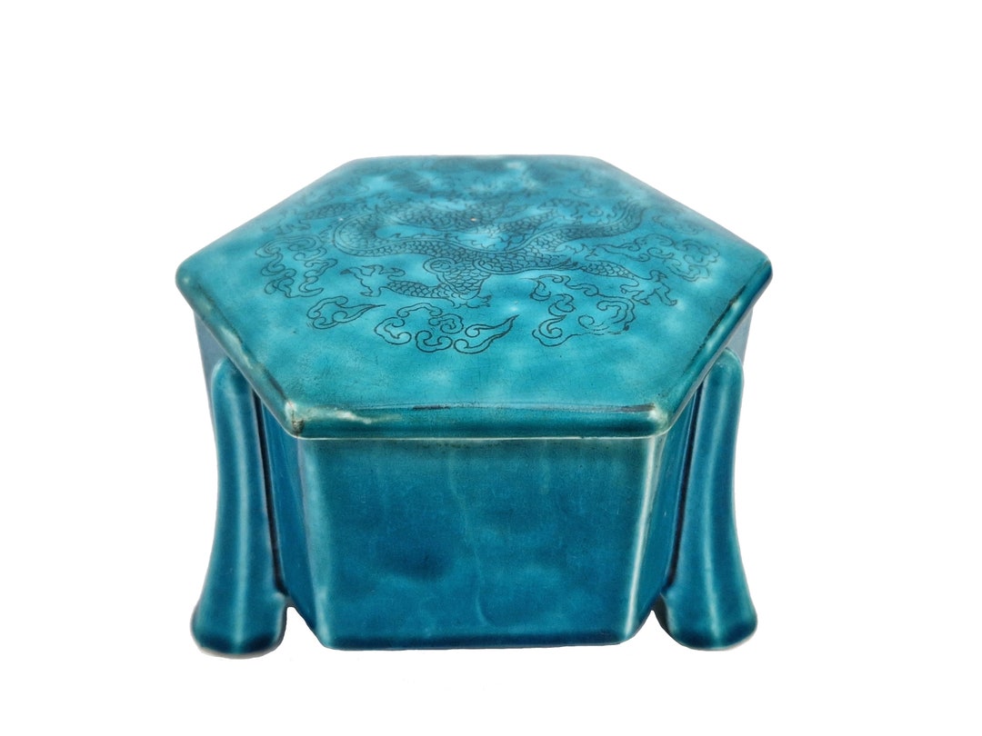 Turquoise Art Deco Ceramic Jewelry Box With Chinoiserie Etsy
