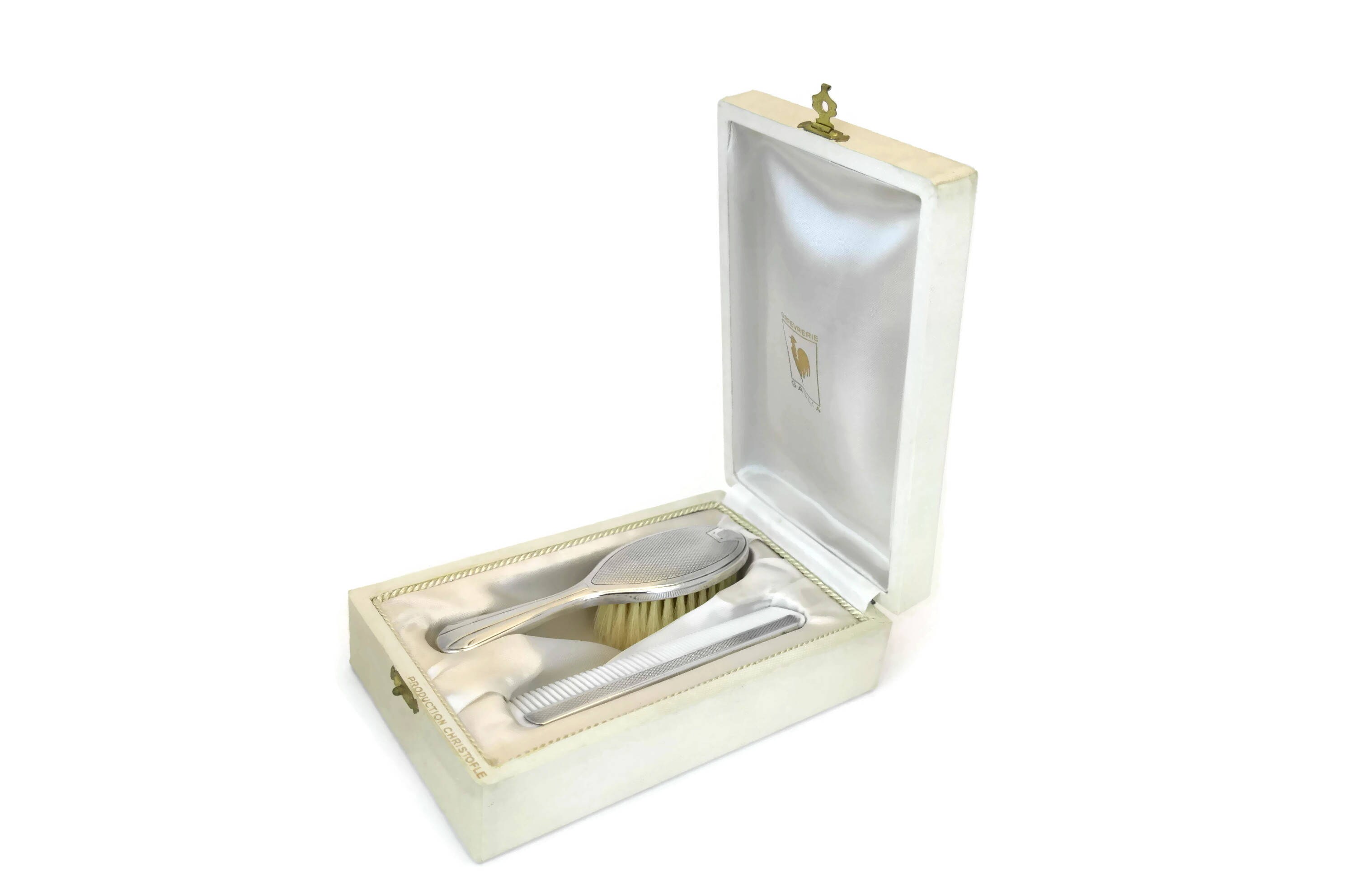 Christofle Silver Baby Brush and Comb Set. Art Deco Baptism Gift